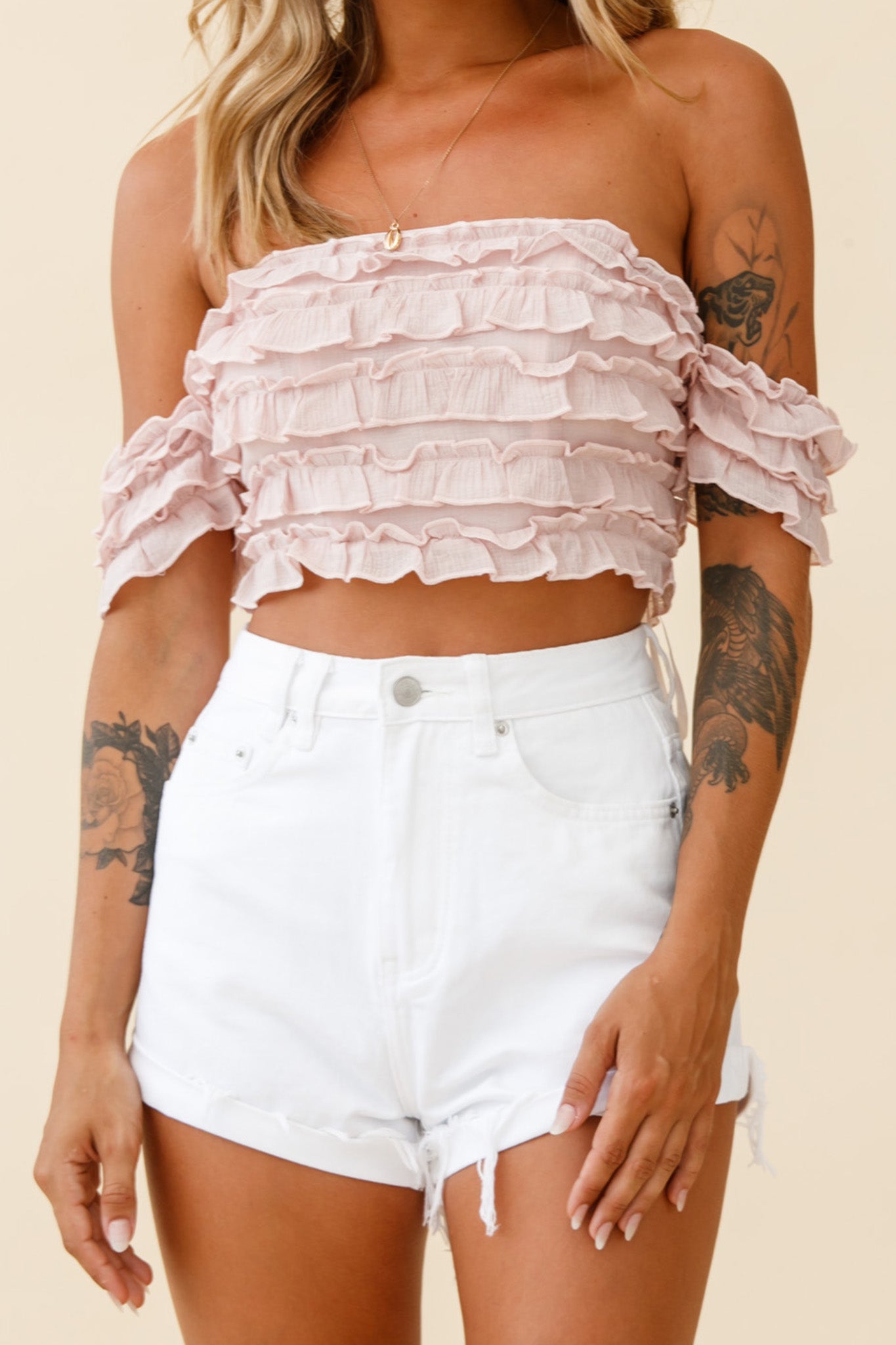 Tigerlily Tiered Frill Off-Shoulder Top Blush Selfie Leslie Tigerlily Tiered Frill Off-Shoulder Top Blush Selfie Leslie