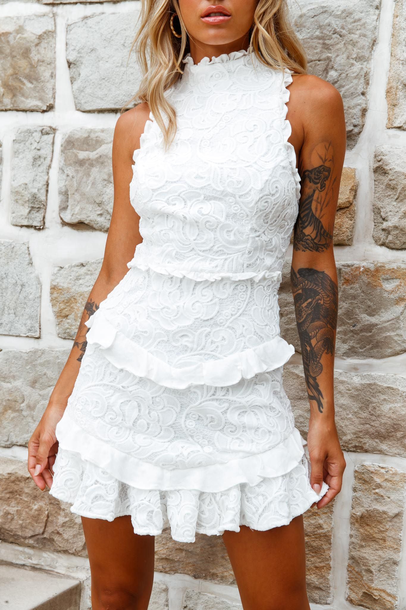 Osiris Sleeveless High Neck Lace Dress White by Selfie Leslie