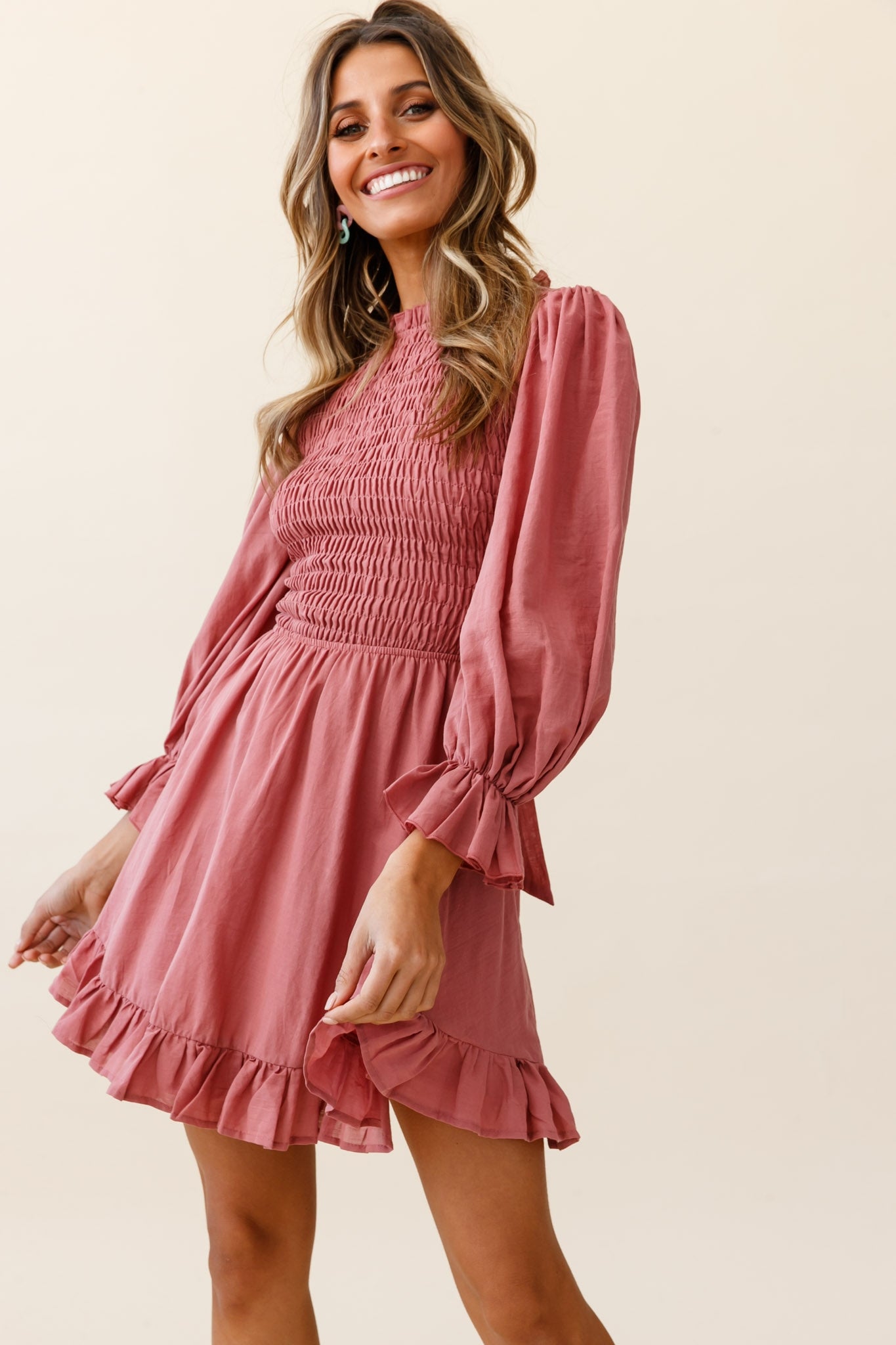 Marianna Long Sleeve Shirred Bust Dress Rose | Selfie Leslie