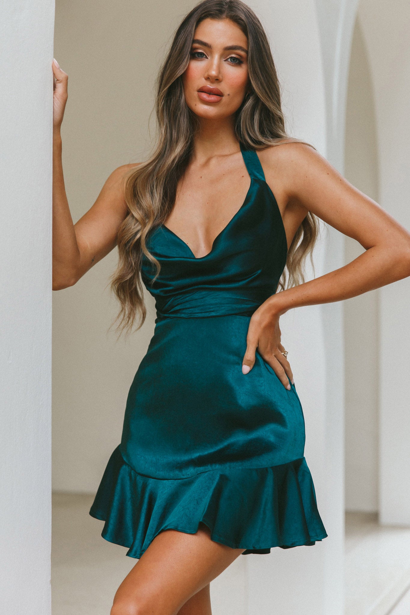 Champs Elysees Halterneck Ruffle Hem Mini Dress Forest Green Champs Elysees Halterneck Ruffle Hem Mini Dress Forest Green