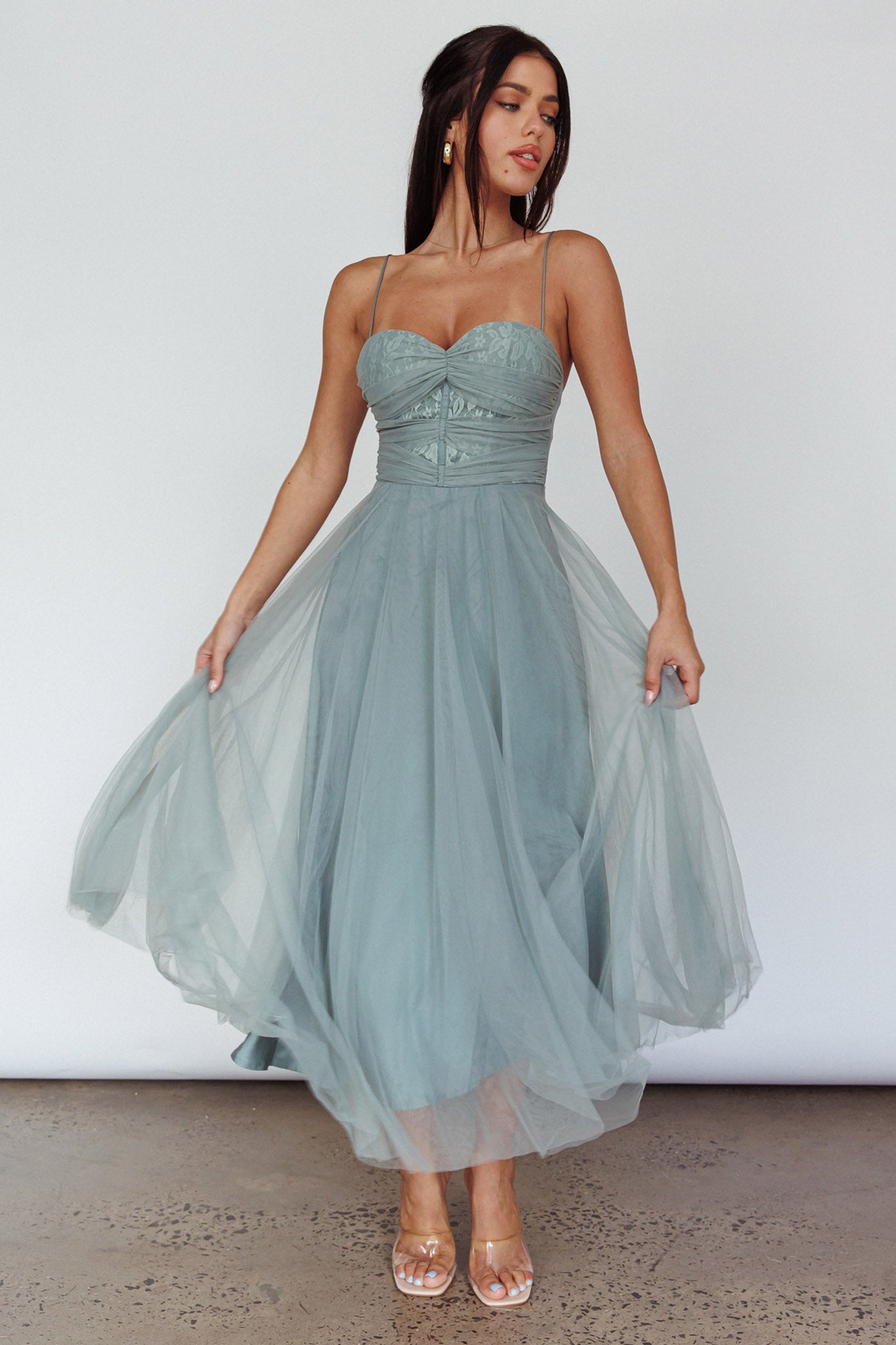 green tulle midi dress Embroidered Sheer Tulle Midi Dress by Tony Ward – Elilhaam main image 1