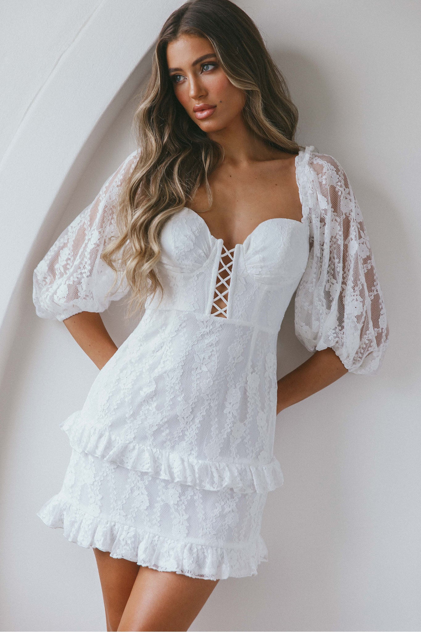 Hemingway Criss-Cross Bust Balloon Sleeve Frill Trim Lace Dress White | Selfie Leslie Hemingway Criss-Cross Bust Balloon Sleeve Frill Trim Lace Dress White | Selfie Leslie