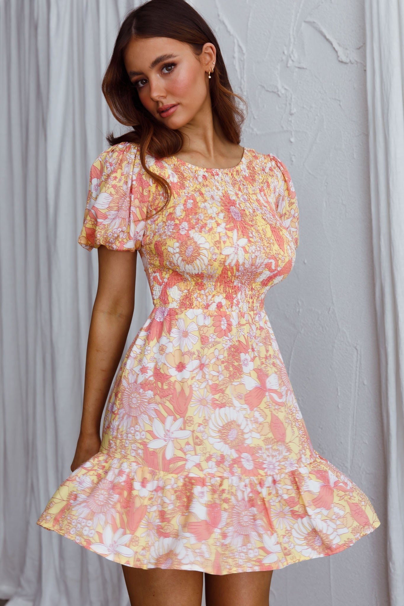 pink and yellow floral dress Crystal Shores Shirred Bust Mini Dress Floral Yellow