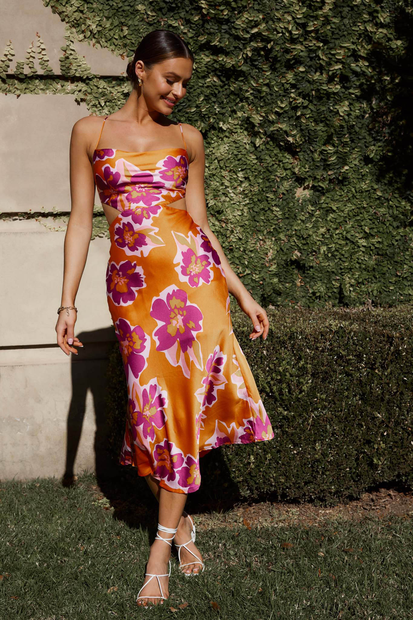 cowl neck floral midi dress Sunday Bliss Tie-Up Back Cowl Neck Midi Dress Flower Orange