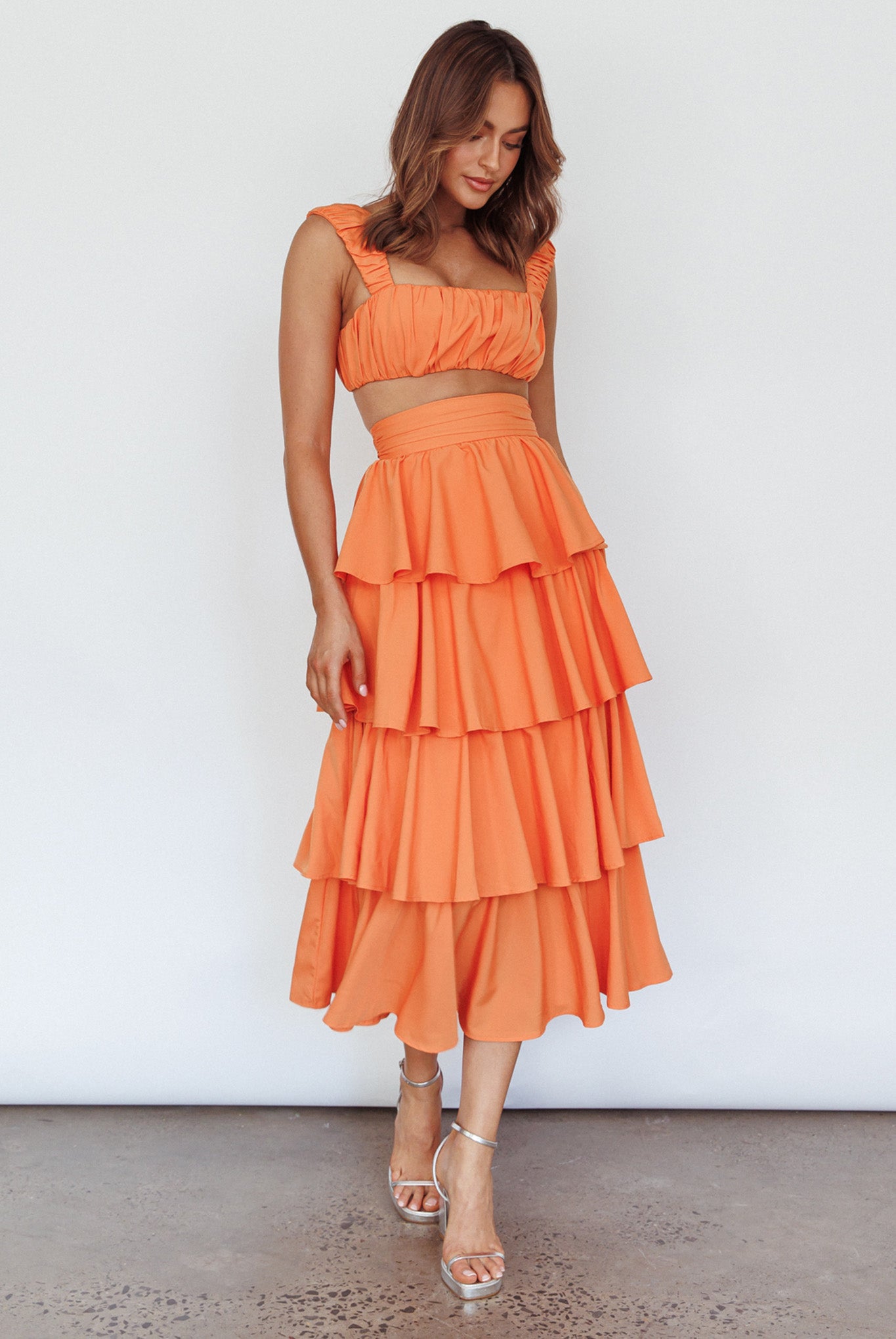 orange ruffle maxi dress Suenito Tiered Frill Maxi Skirt Orange