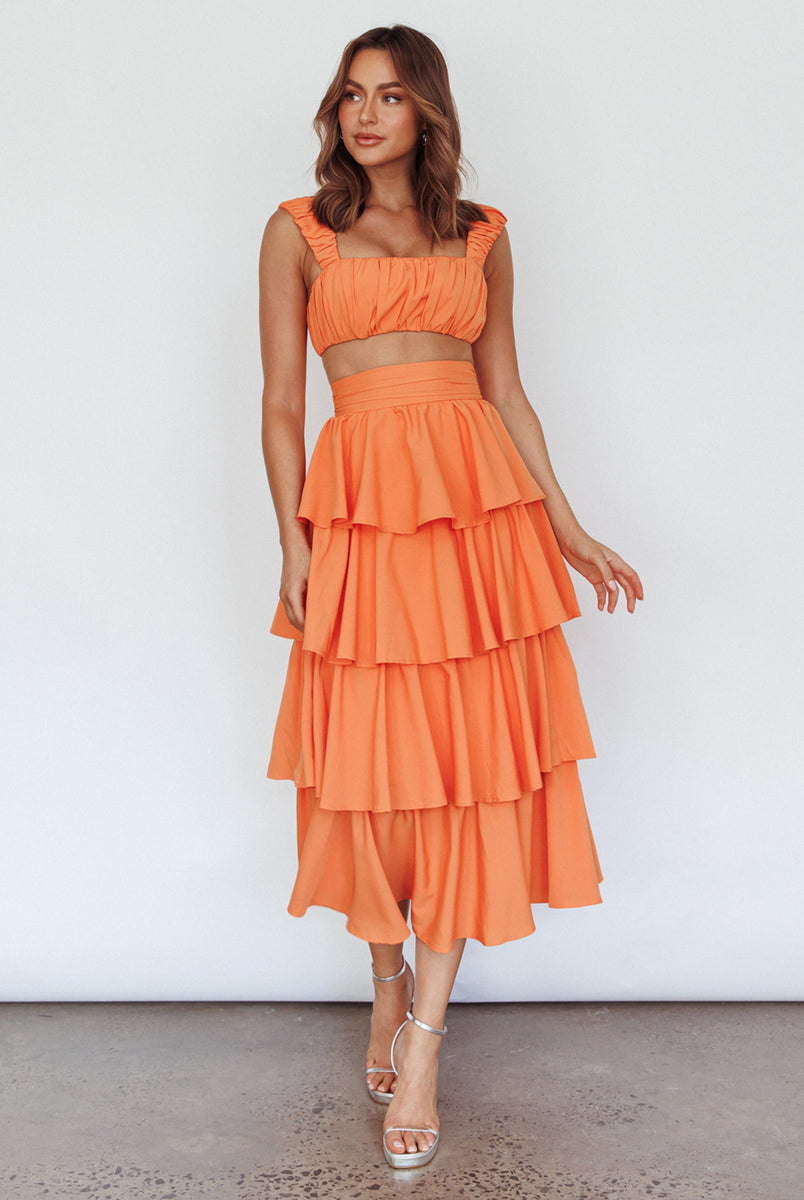 Shop the Suenito Tiered Frill Maxi Skirt Orange