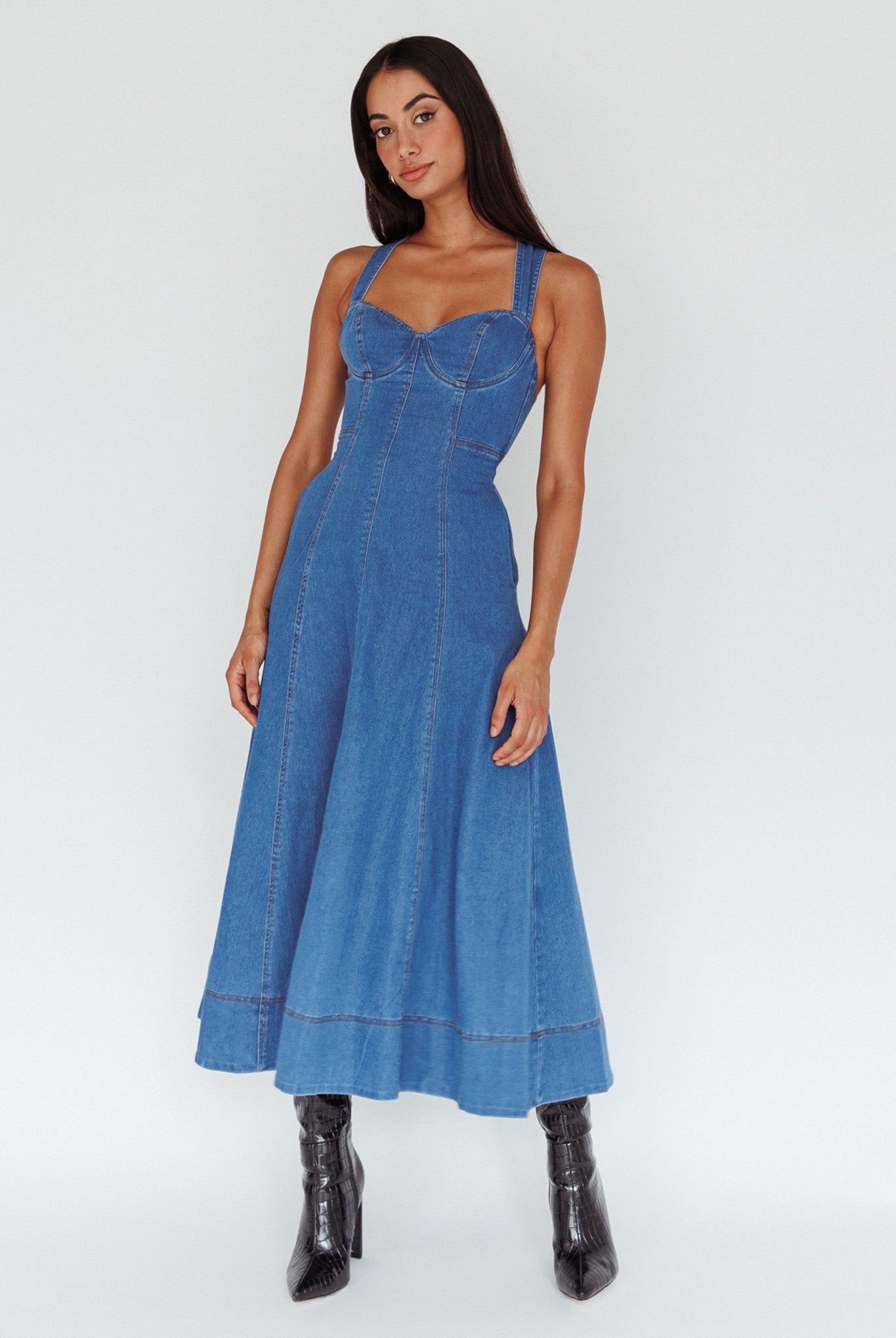 Ellora Criss-Cross Back Denim Maxi Dress Navy Selfie Leslie Ellora Criss-Cross Back Denim Maxi Dress Navy Selfie Leslie