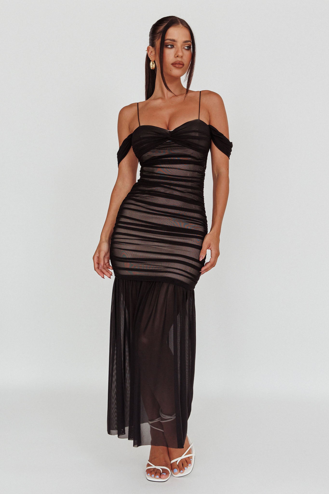 La Salle Ruched Mesh Maxi Dress Black Selfie Leslie La Salle Ruched Mesh Maxi Dress Black Selfie Leslie