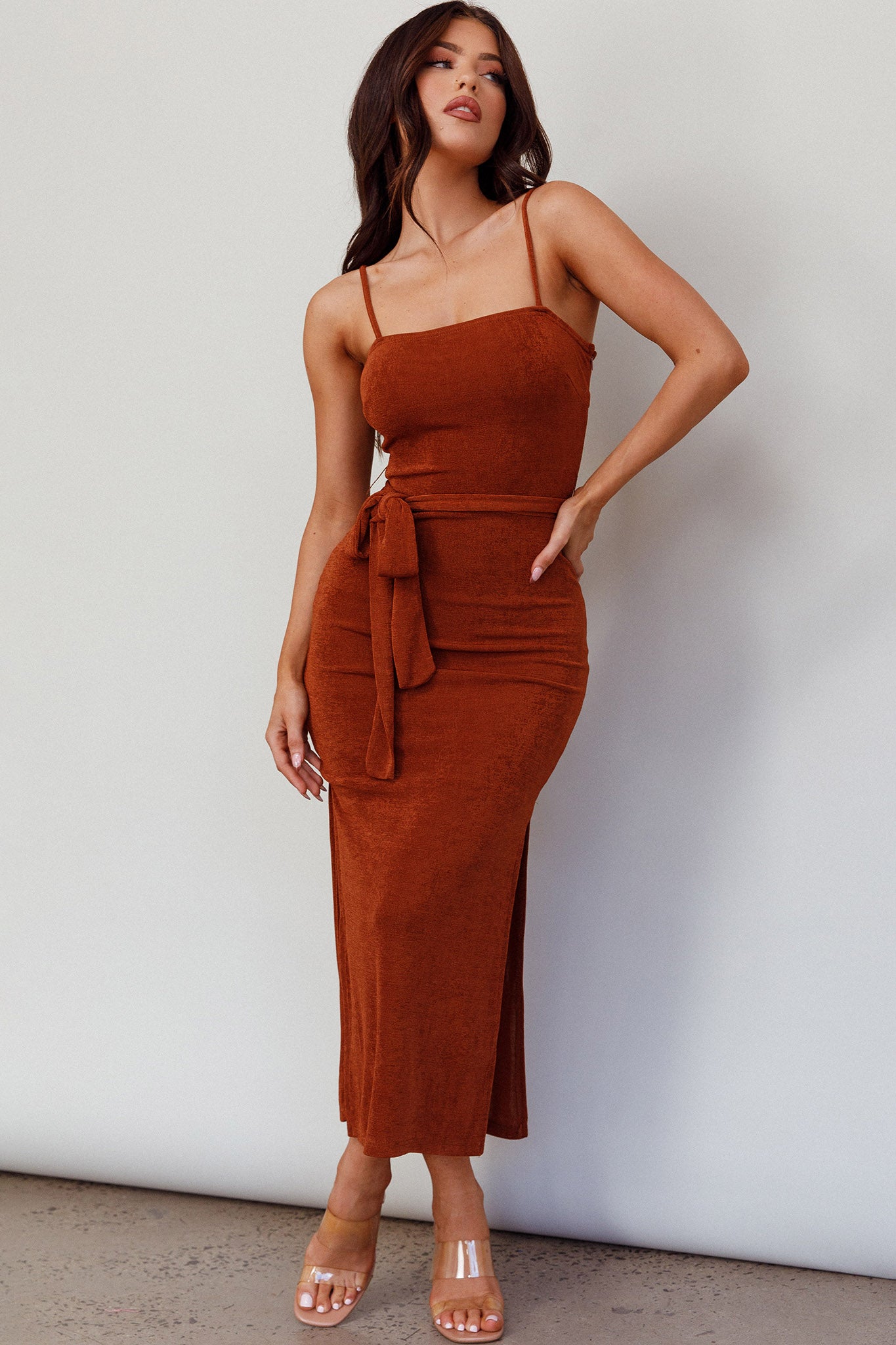 Serenade Me Square Neckline Side Split Midi Dress Cinnamon– Selfie Leslie