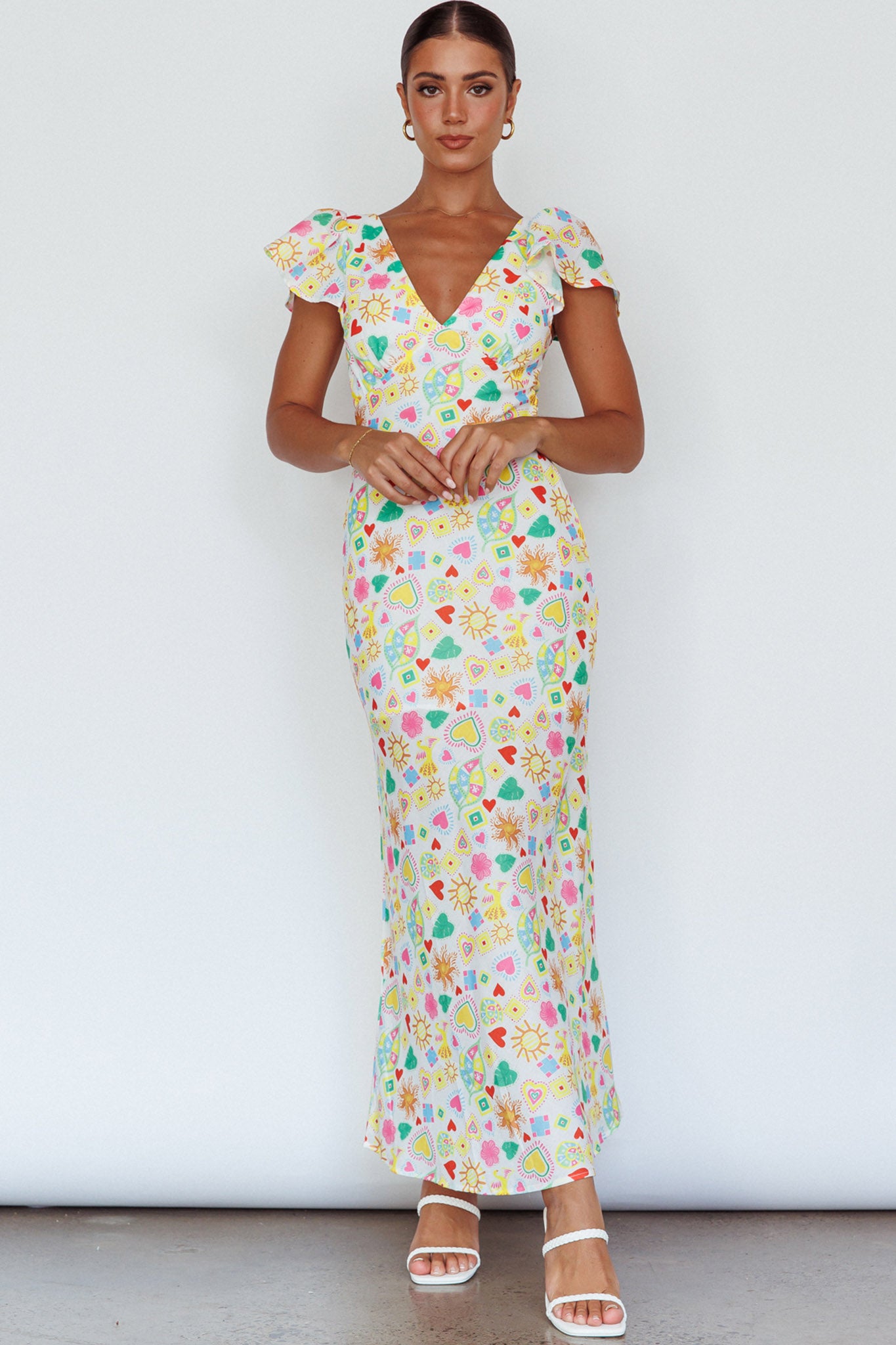 Long Summer Flutter Sleeve Maxi Dress Printed White Selfie Leslie Long Summer Flutter Sleeve Maxi Dress Printed White Selfie Leslie