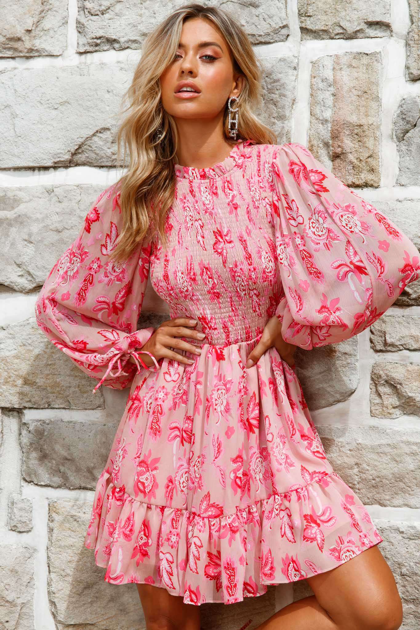 Marja Long Balloon Sleeve Shirred Dress Floral Print Pink Marja Long Balloon Sleeve Shirred Dress Floral Print Pink
