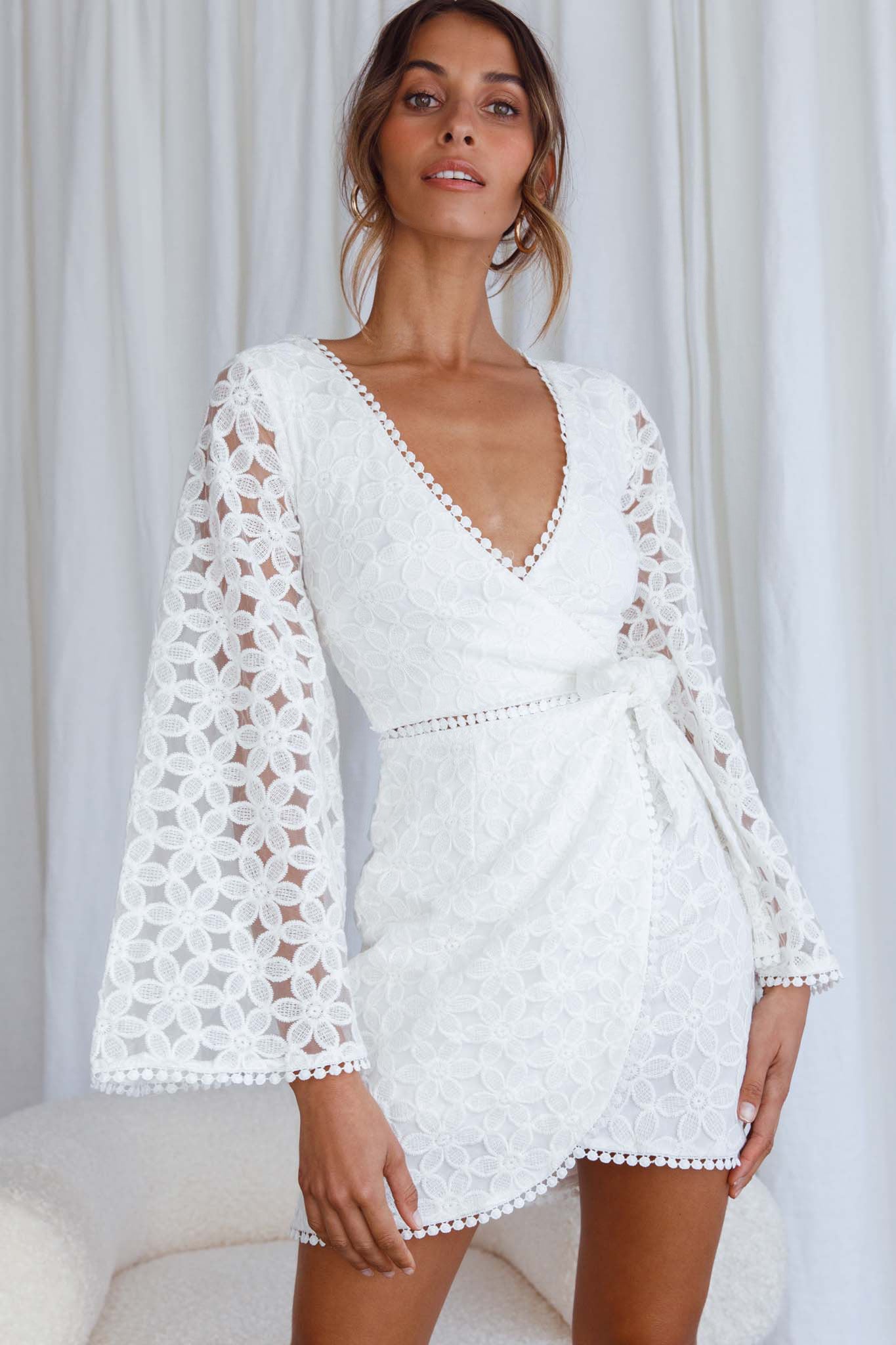 Santa Cruz Bell Sleeve Embroidered Wrap Mini Dress White | Selfie Leslie Santa Cruz Bell Sleeve Embroidered Wrap Mini Dress White | Selfie Leslie