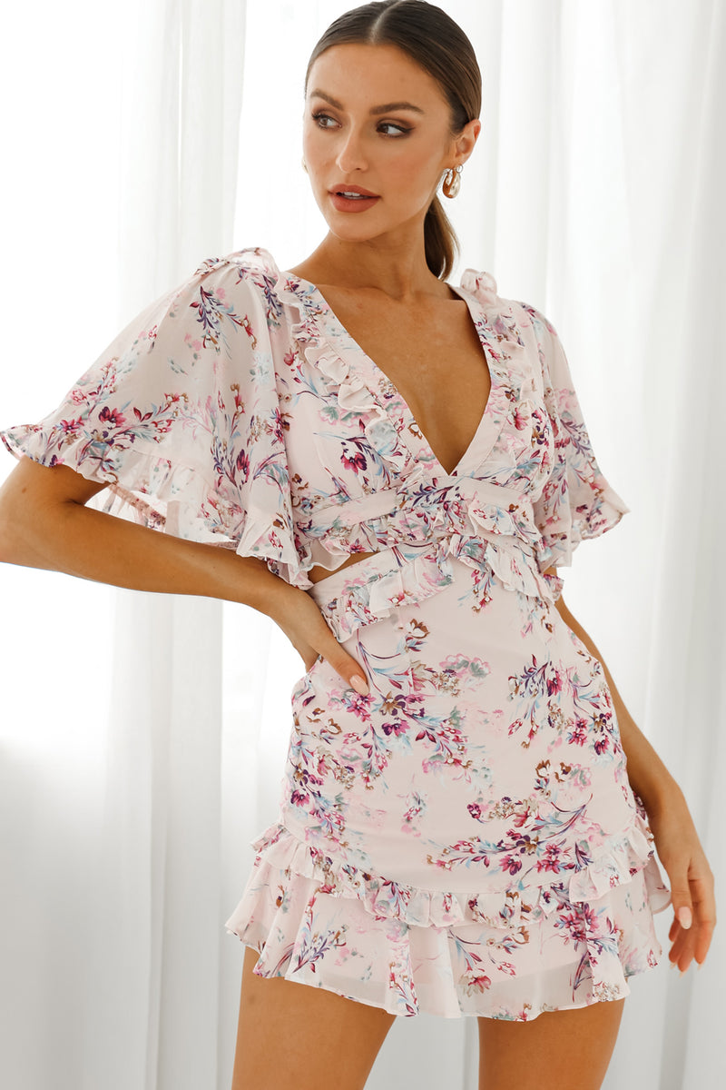 My Belle Cut-Out Detail Frill Accent Dress Vintage Floral Print Peach main image 1