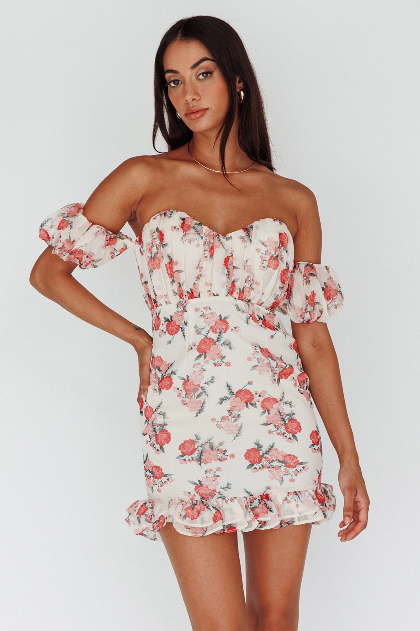 gathered mini dress Verona Off-Shoulder Gathered Mini Dress Floral Red
