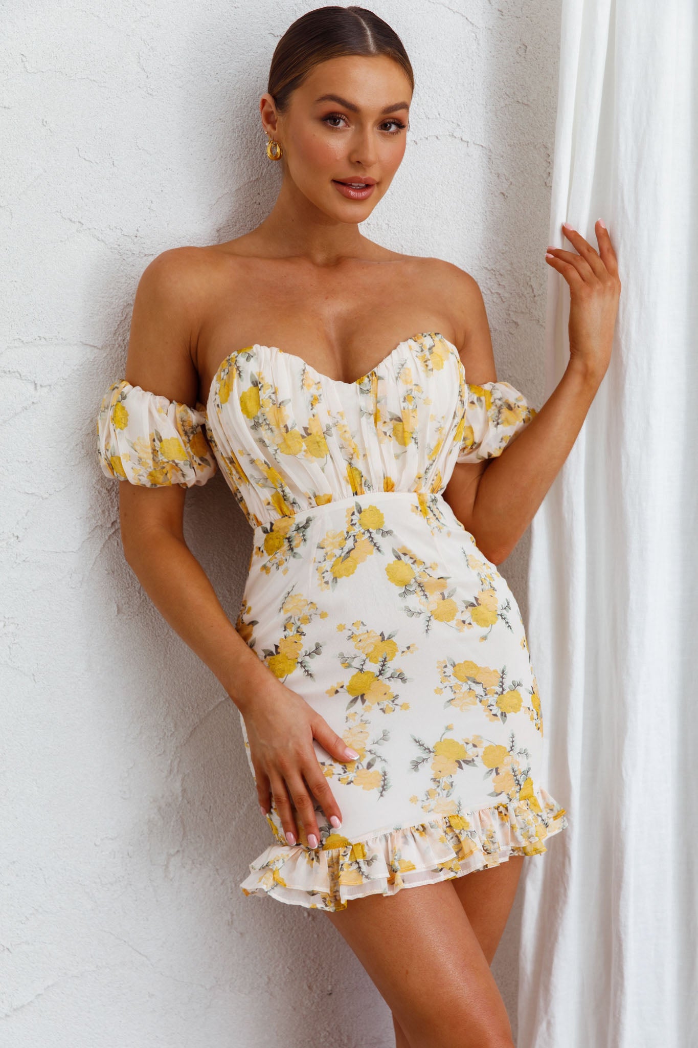 yellow floral off shoulder dress Verona Off-Shoulder Gathered Mini Dress Floral Yellow