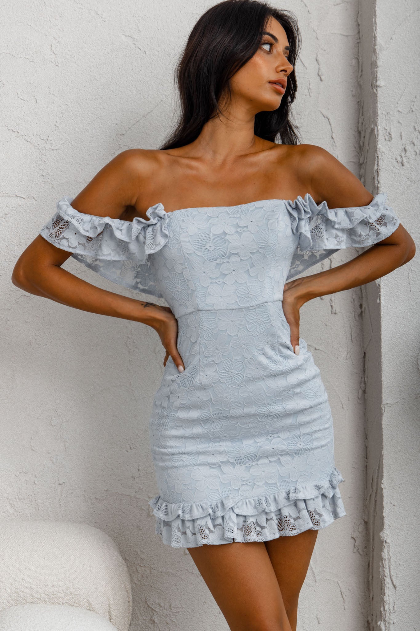 Verona Off-Shoulder Lace Overlay Mini Dress Blue Verona Off-Shoulder Lace Overlay Mini Dress Blue
