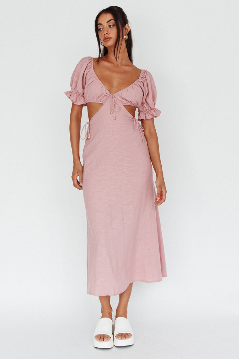 Chic and Classy Vibe Puff Sleeve Pearl Button Slit Midi Dress