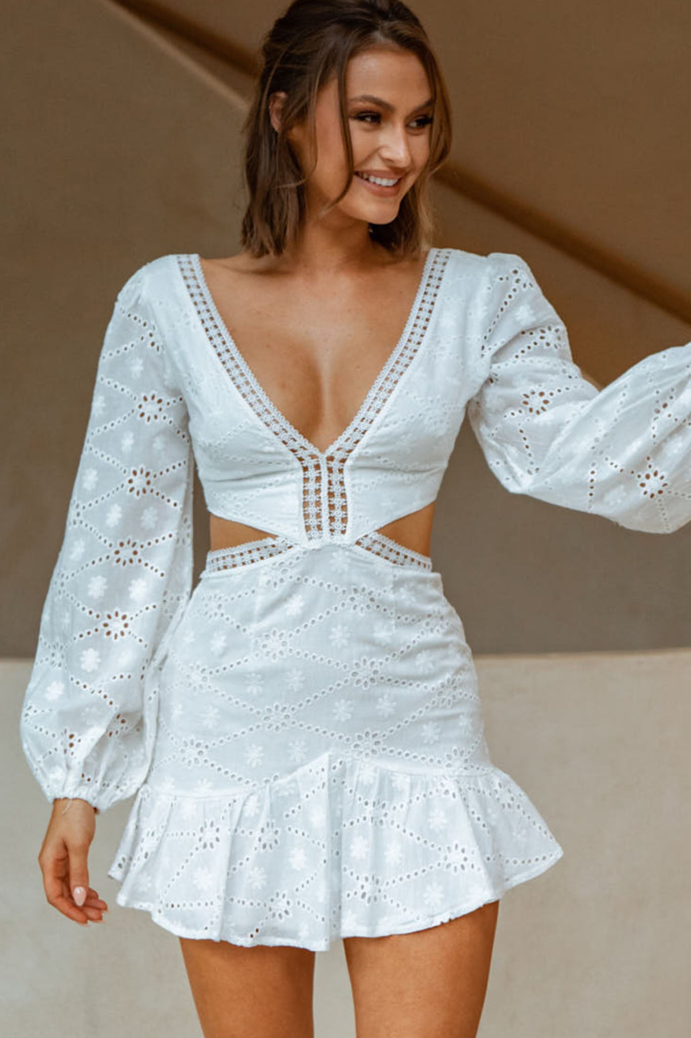 Santorini Sunset Balloon Sleeve Cut-Out Eyelet Dress White Santorini Sunset Balloon Sleeve Cut-Out Eyelet Dress White