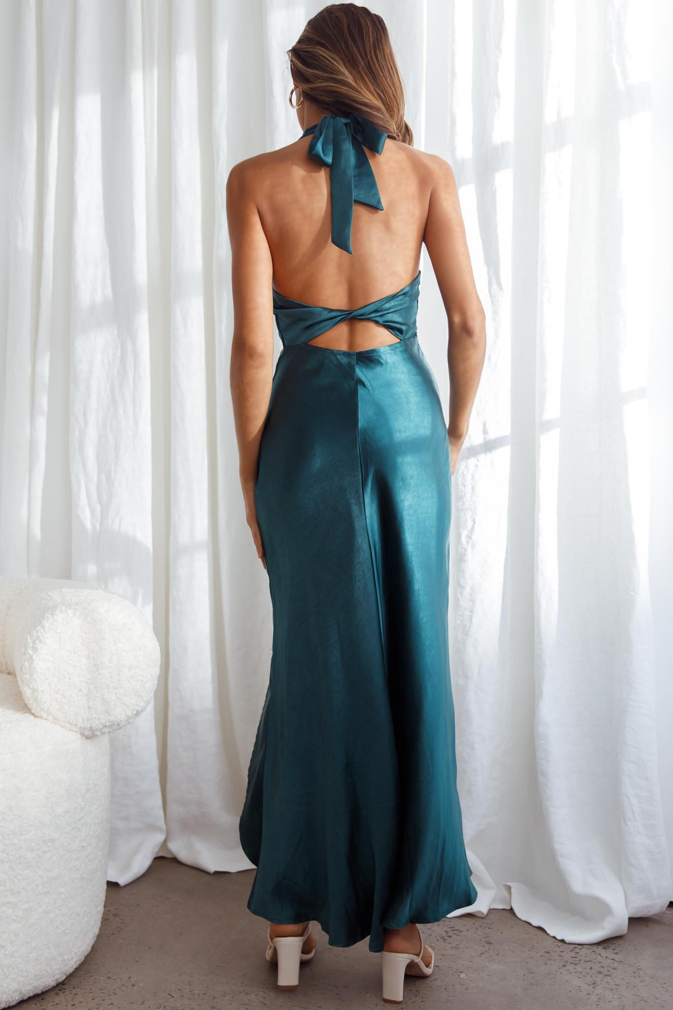 Sonoma Halterneck Faux Wrap Twist Back Maxi Dress Forest Green by Selfie Leslie