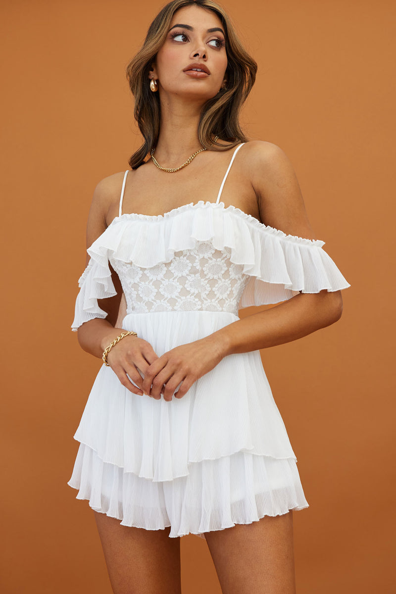 Shop the Darcy Ruffle Neckline Lace Bodice Romper White