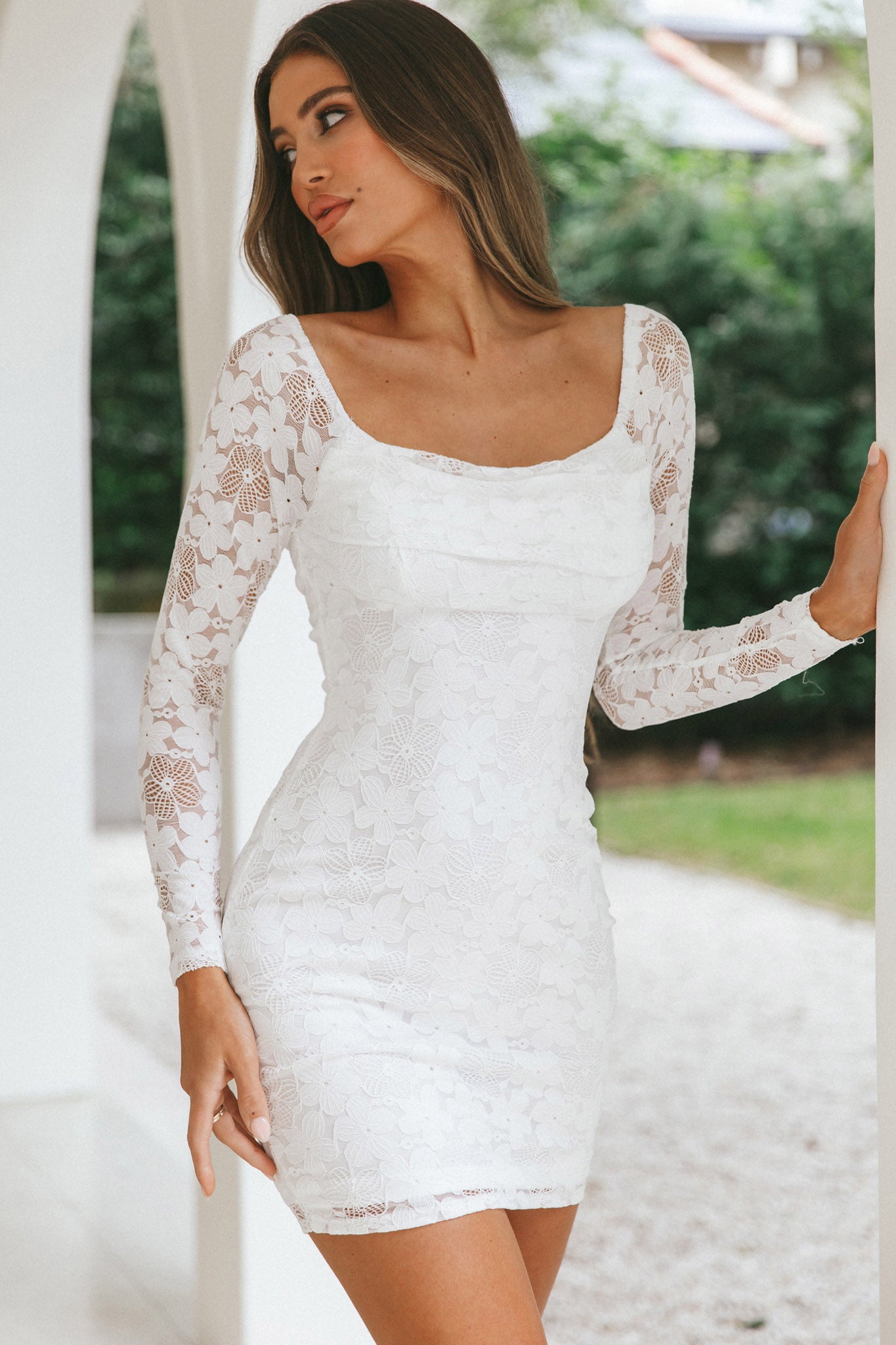 Shop the Freja Long Sleeve Cowl Neck Lace Mini Dress White