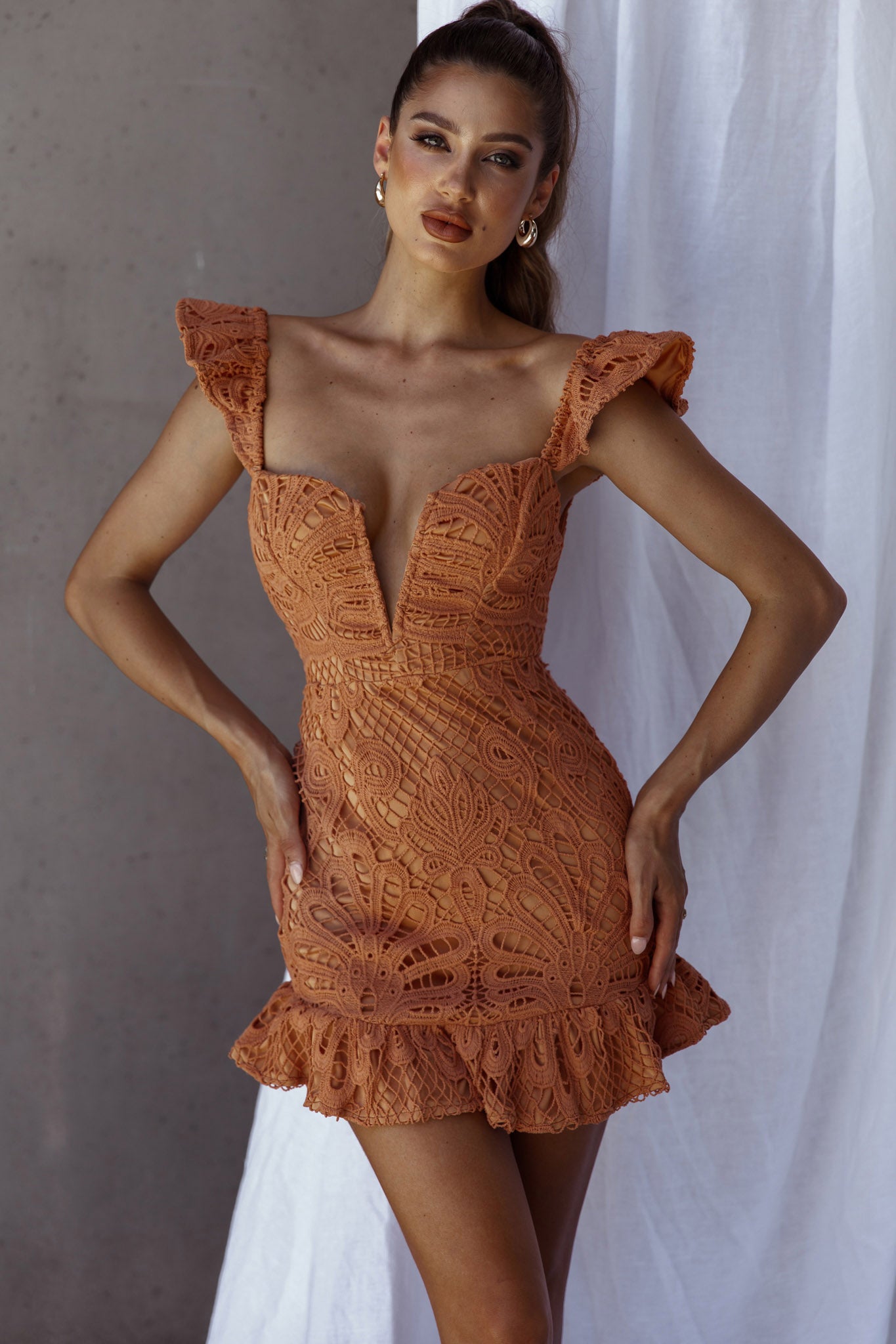 Mon Papillon Lace Mini Dress Apricot Mon Papillon Lace Mini Dress Apricot