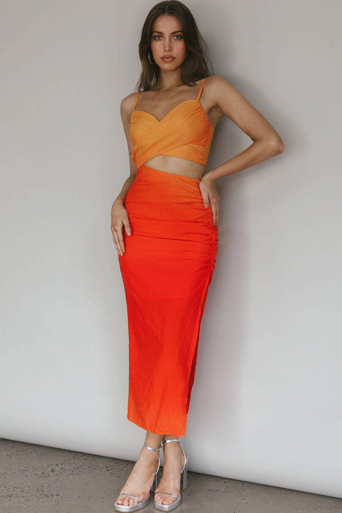 fore cut out midi dress Heart On Fire Cut-Out Waist Midi Dress Orange/Red