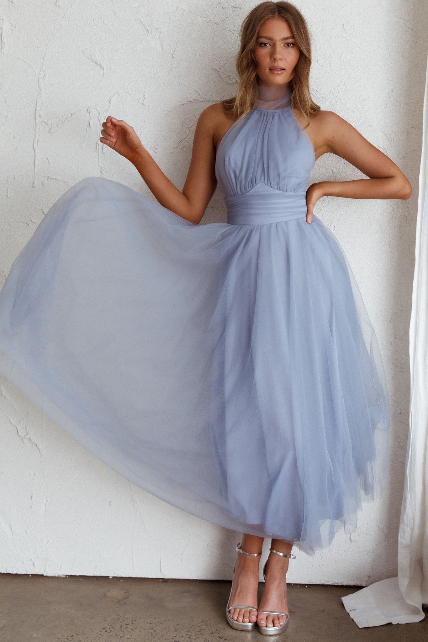 Andria Halterneck Tulle Midi Dress Blue Andria Halterneck Tulle Midi Dress Blue