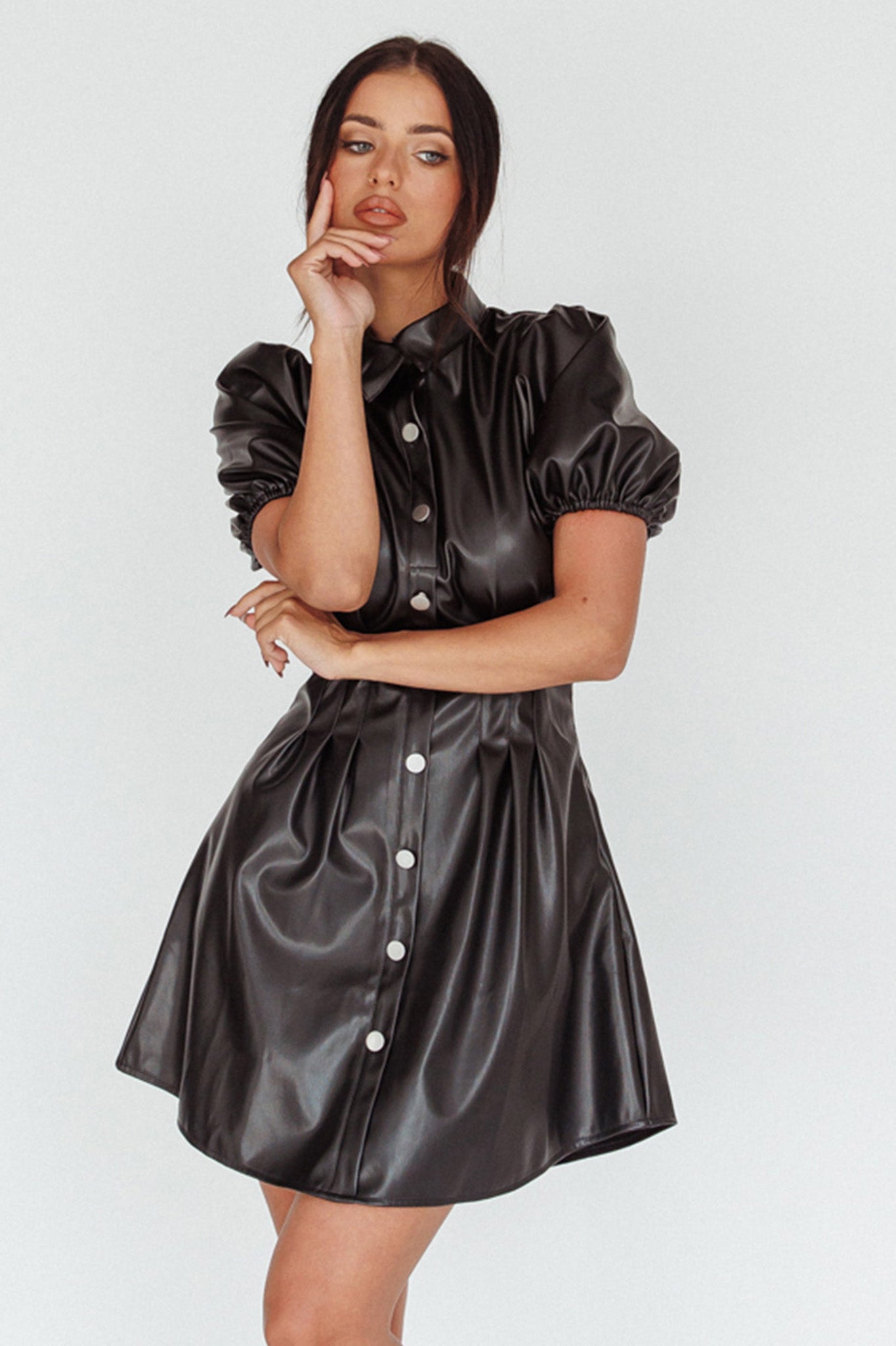 Zurich Pleated Waist Shirt Dress Faux Leather Black Zurich Pleated Waist Shirt Dress Faux Leather Black