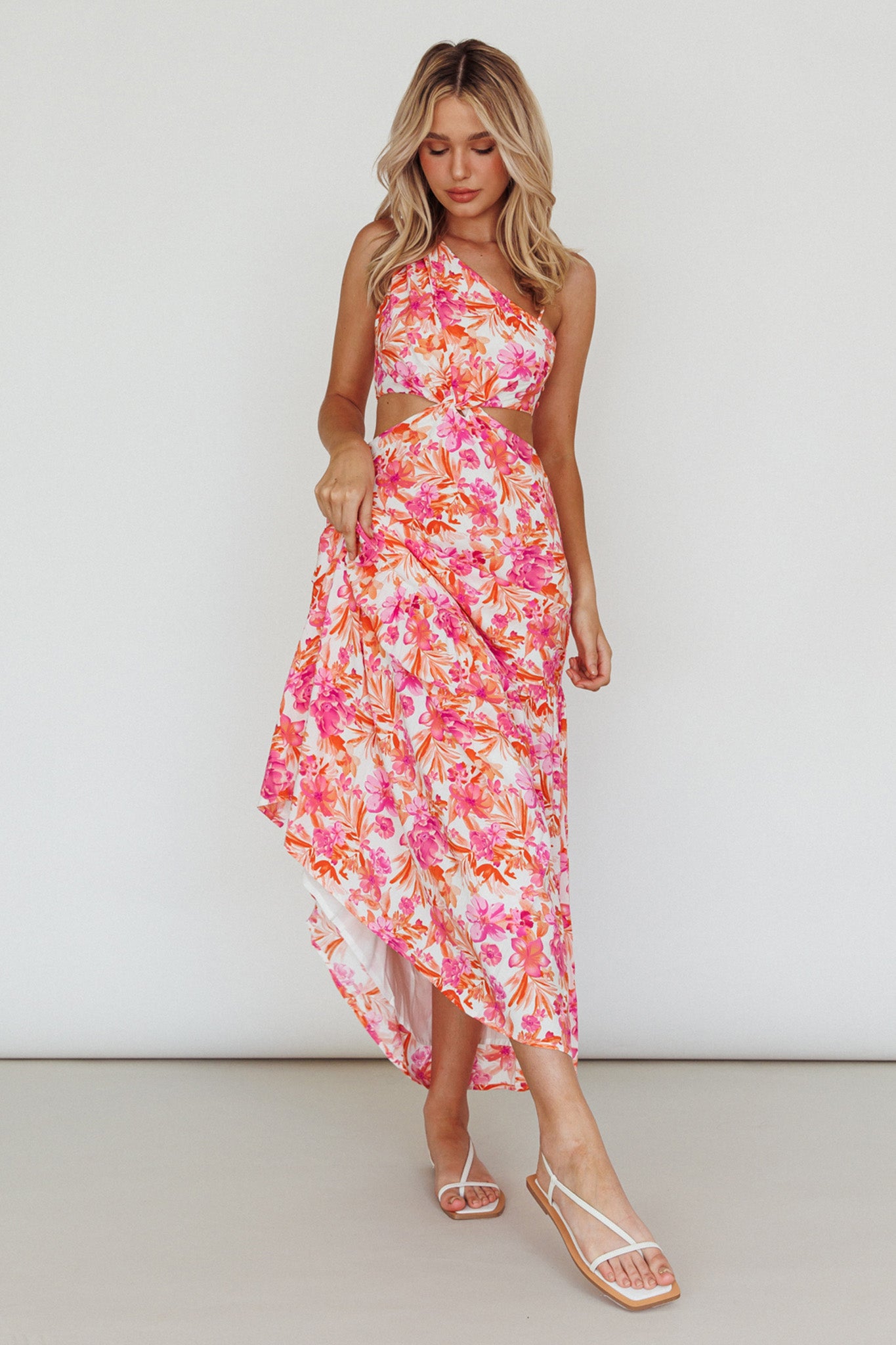 Evening Breeze Cut-Out Waist Maxi Dress Floral Pink - XL Evening Breeze Cut-Out Waist Maxi Dress Floral Pink - XL