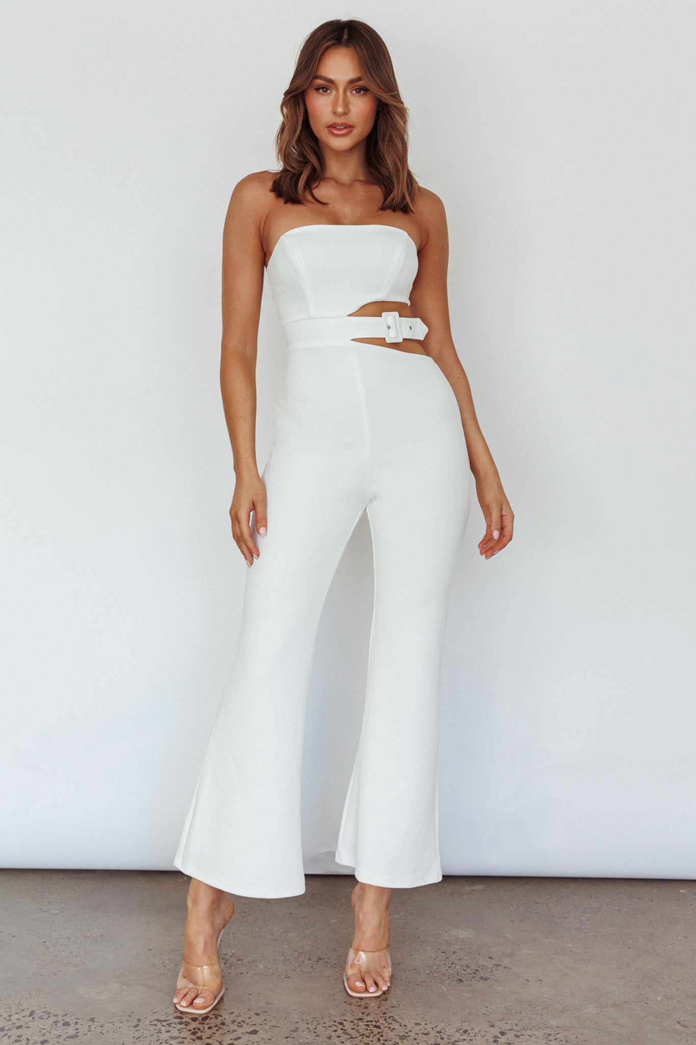 lily white jumpsuit Glisten Cut-Out Buckle Waist Jumpsuit White
