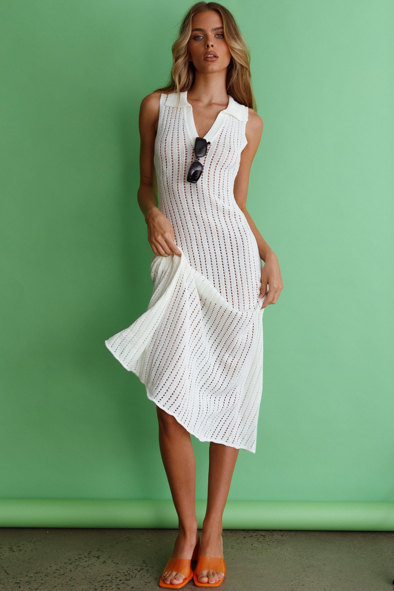 Palm Island Collared Crochet Midi Dress White by Selfie Leslie