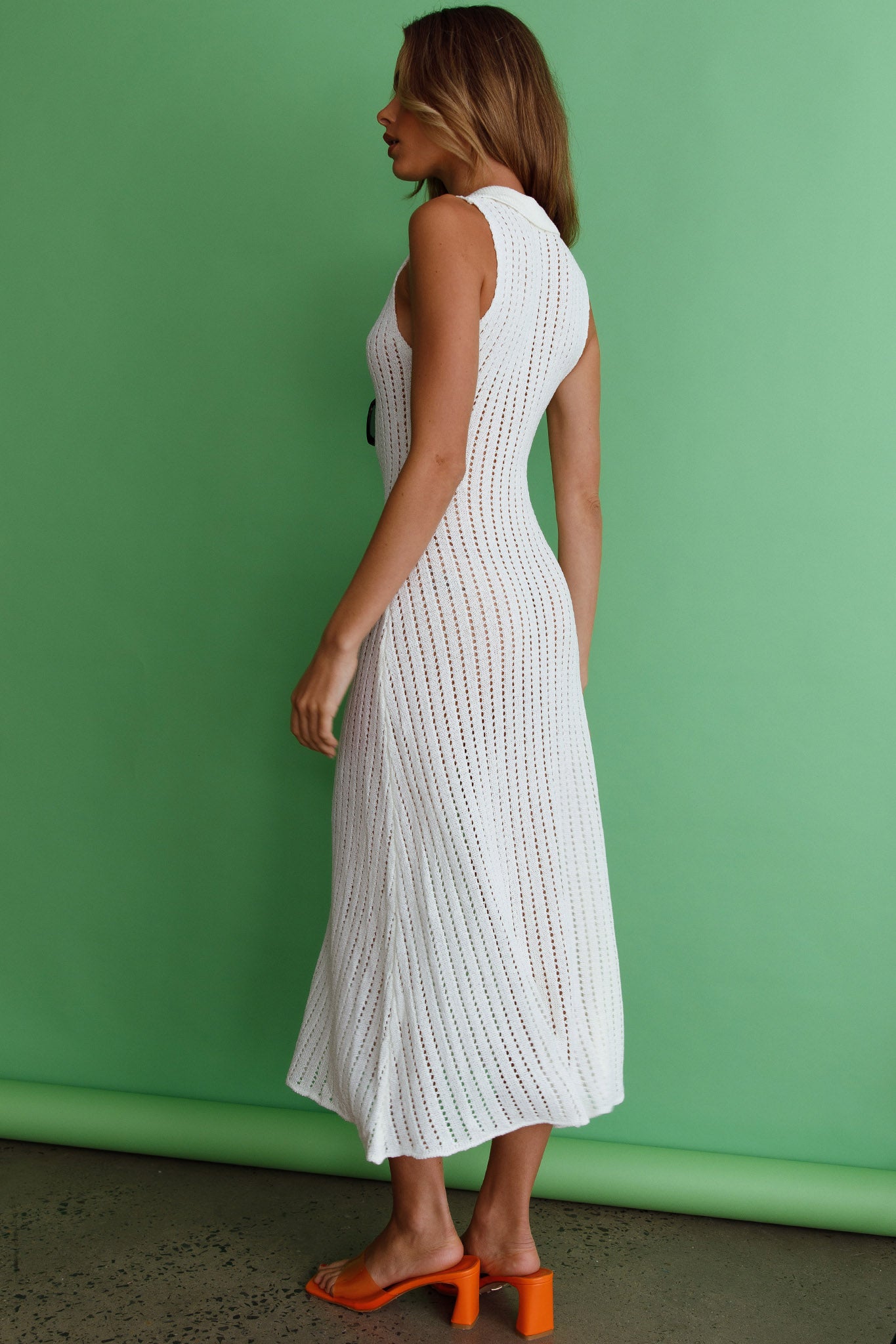 Palm Island Collared Crochet Midi Dress White by Selfie Leslie