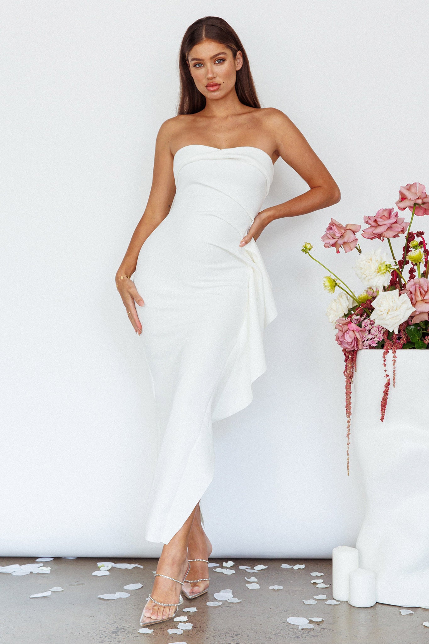 Sasha Cascade Ruffle Midi Dress White Selfie Leslie
