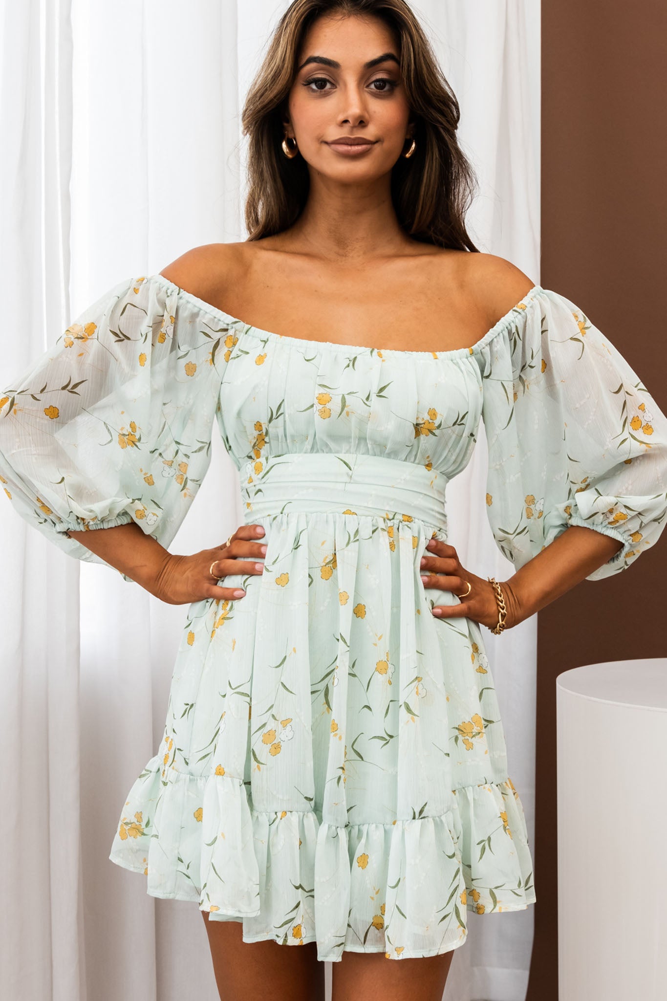 abby off-shoulder tie-up back dress white Abby Off-Shoulder Tie-Up Back Dress Floral Print Mint