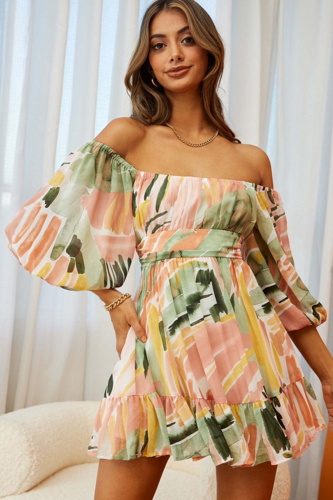 multicolor off the shoulder dress Abby Off-Shoulder Tie-Up Back Dress Watercolor Print Multi– Selfie Leslie
