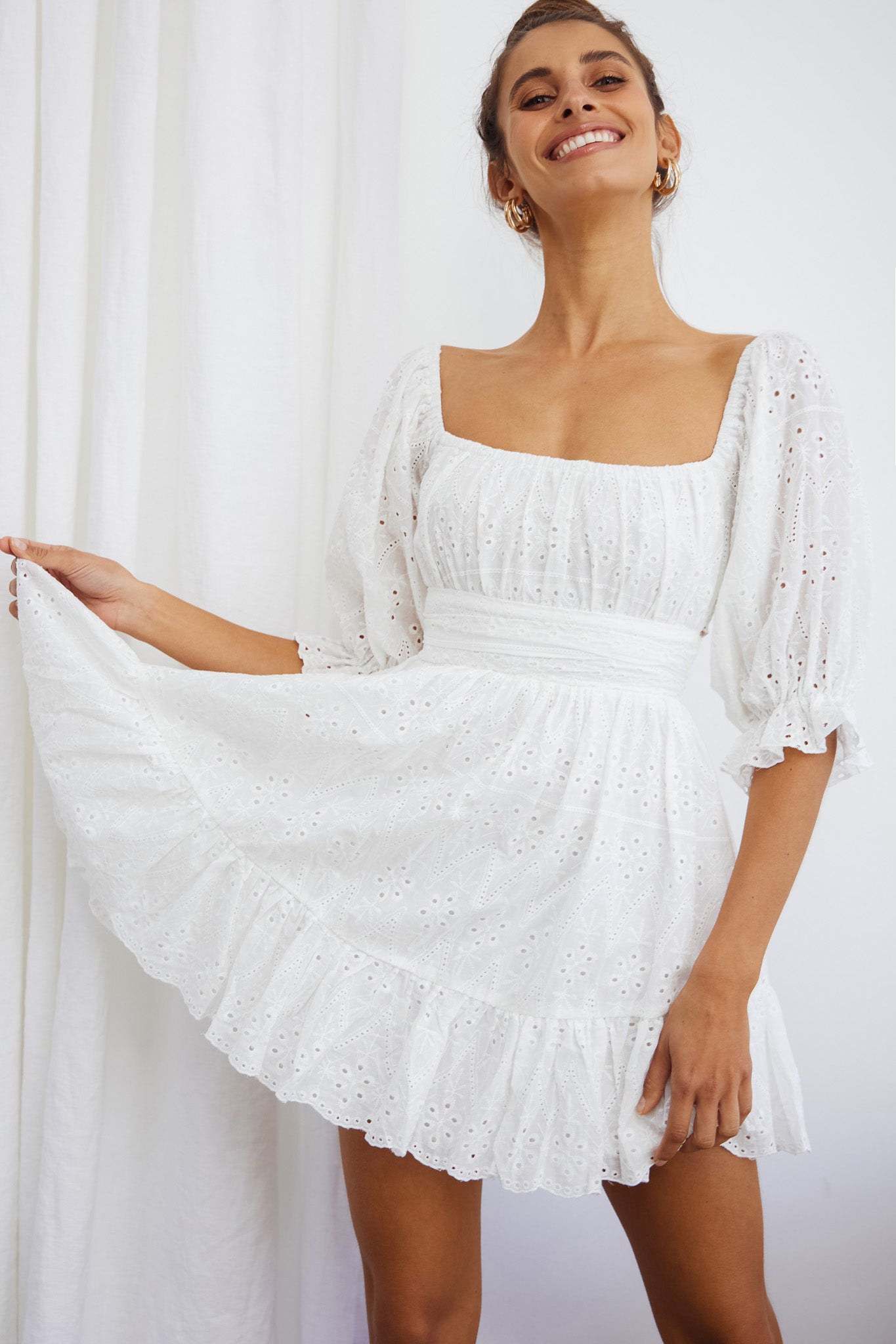 abby off-shoulder tie-up back dress white Abby Off-Shoulder Tie-Up Back Dress Eyelet Embroidery Dress White