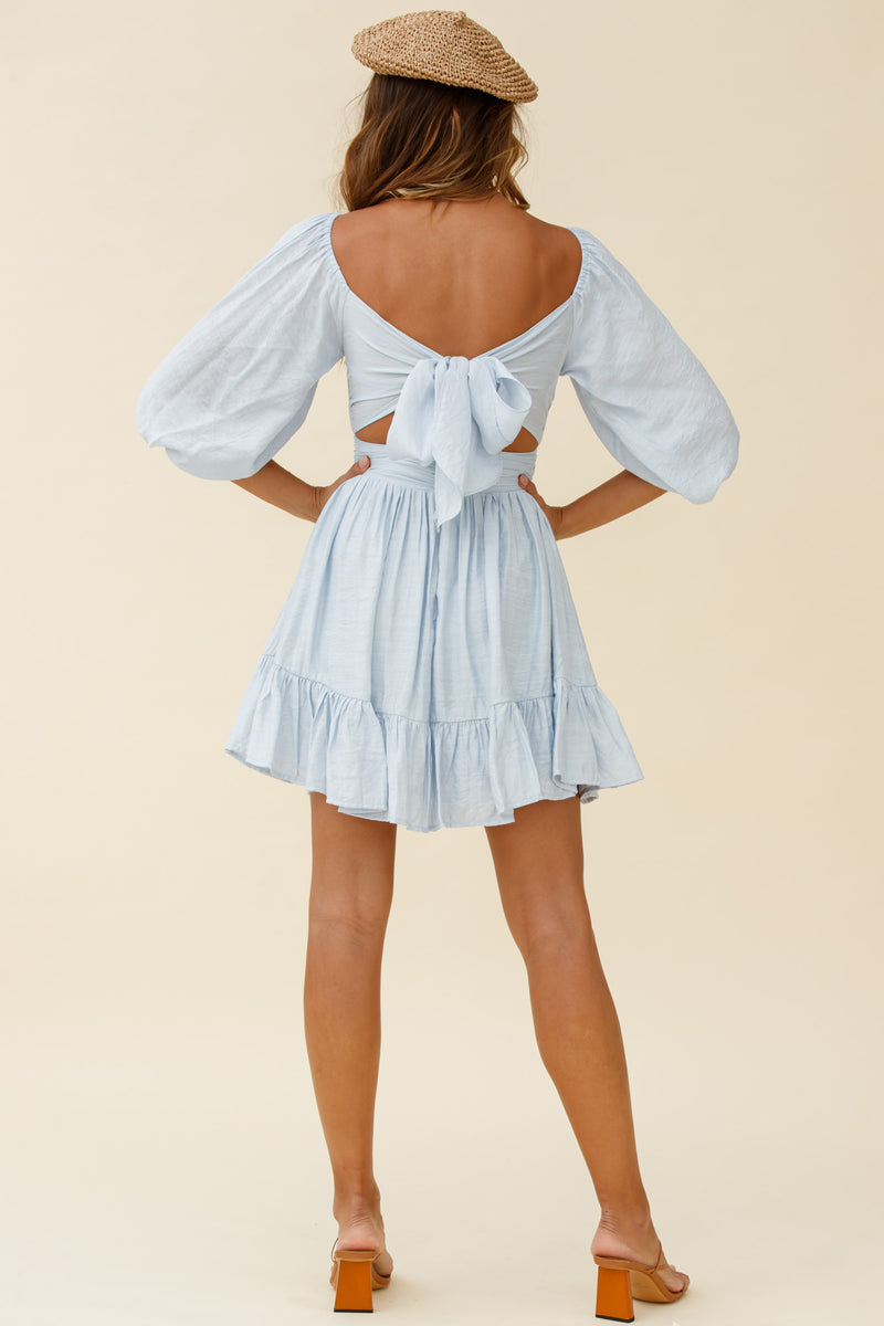 Taya Ruffle Shoulder Waist Tie Dress Steel Blue