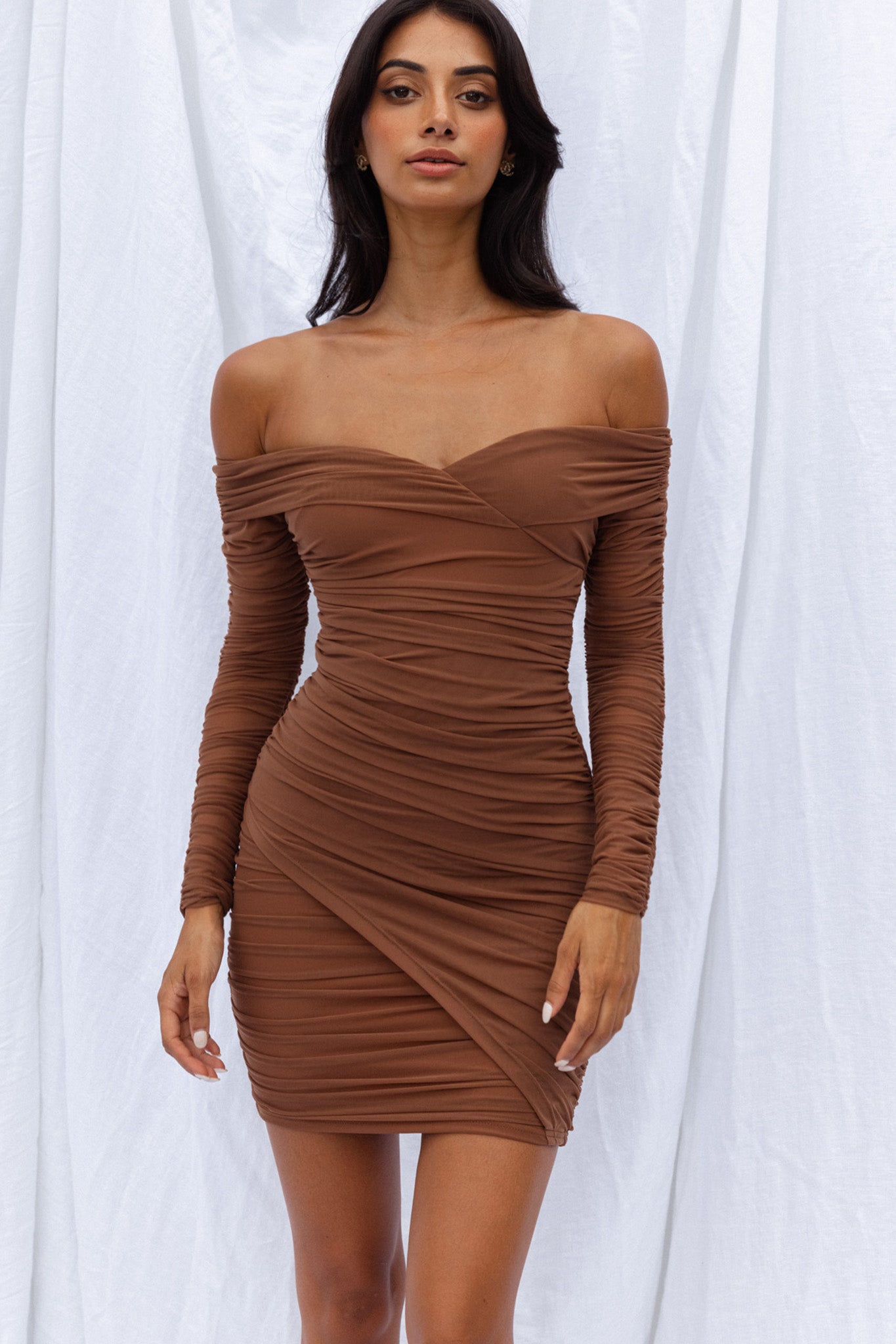 Moonrise Off-Shoulder Crossover Neckline Long Sleeve Ruched Dress Chocolate - XS Moonrise Off-Shoulder Crossover Neckline Long Sleeve Ruched Dress Chocolate - XS