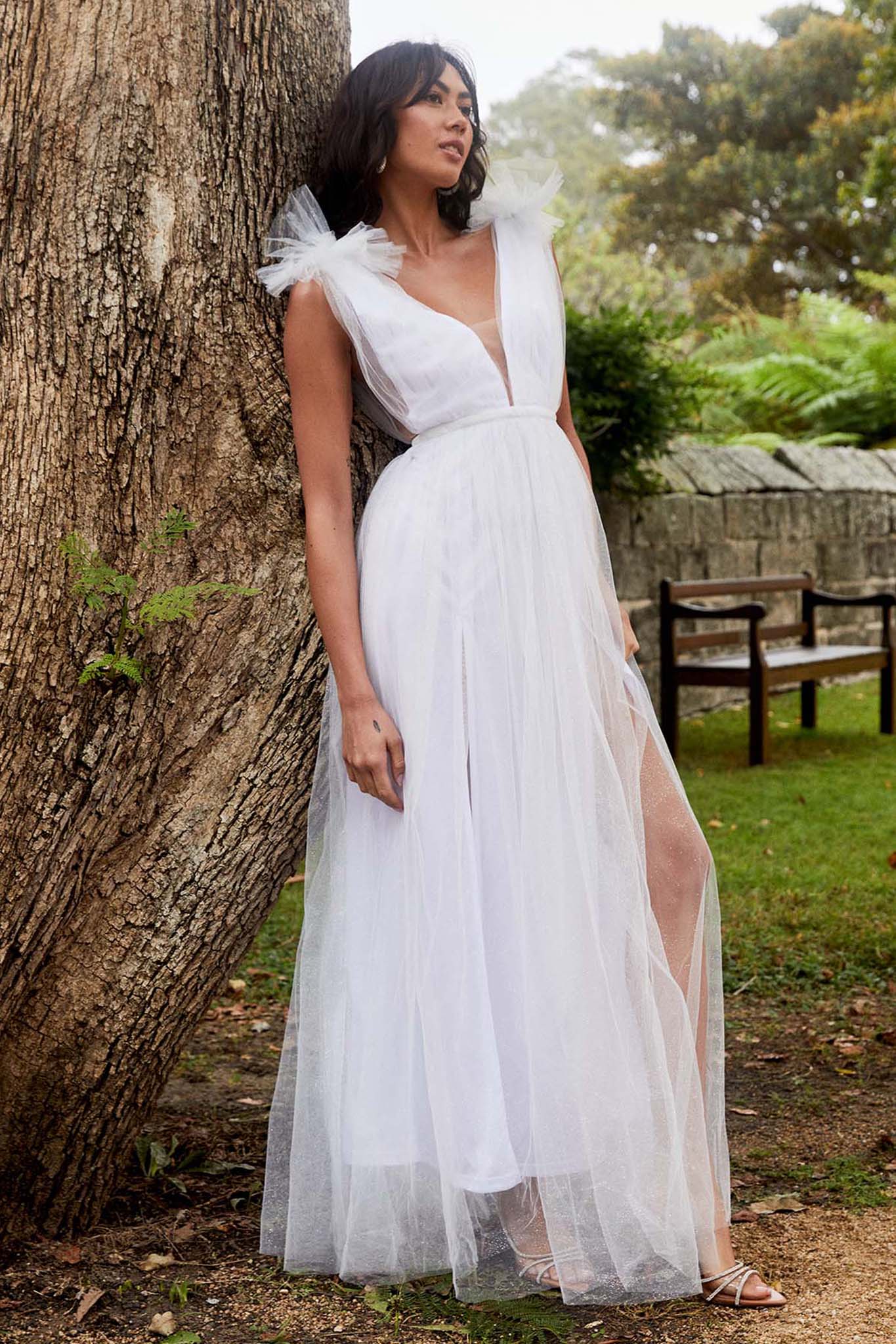 Ludivine Shoulder Accent Mesh Midi Dress Glitter White - S Ludivine Shoulder Accent Mesh Midi Dress Glitter White - S