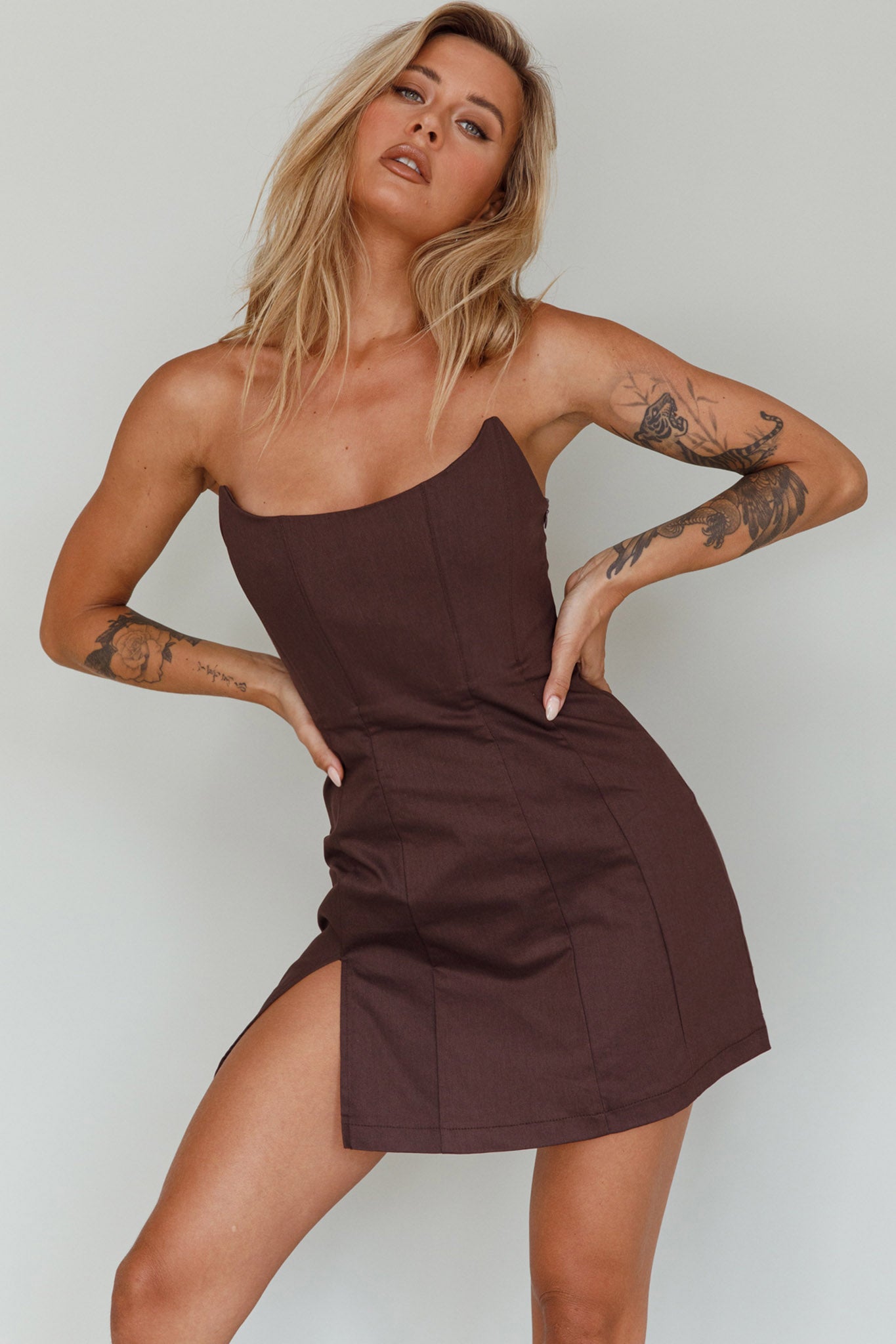 Luann Scoop Neckline Strapless Mini Dress Brown | Selfie Leslie Luann Scoop Neckline Strapless Mini Dress Brown | Selfie Leslie