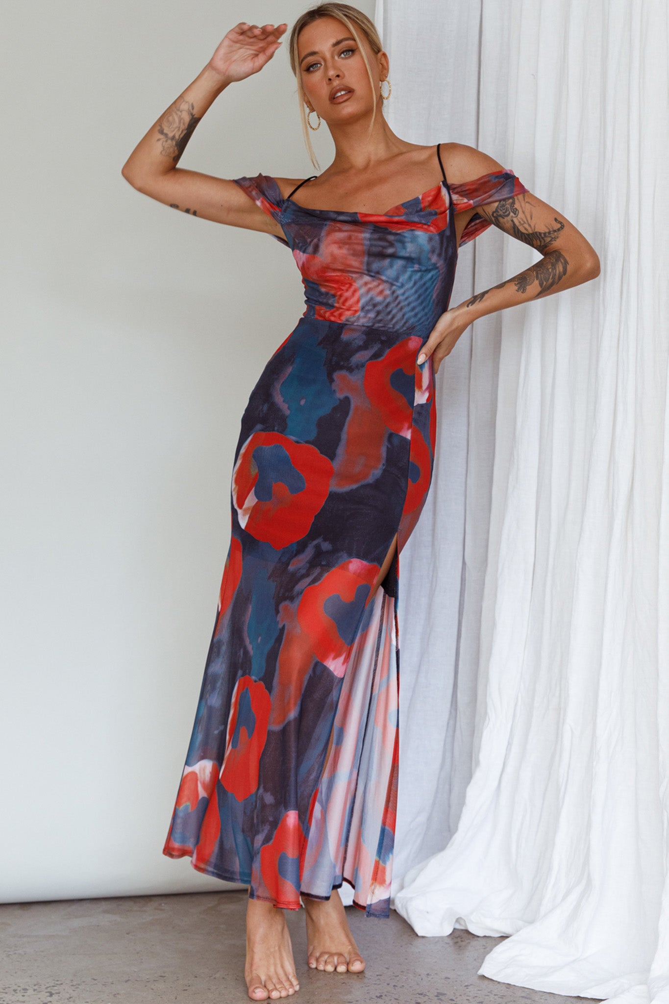 red off the shoulder floral dress Arcadia Off-Shoulder Sleeve Midi Dress Red