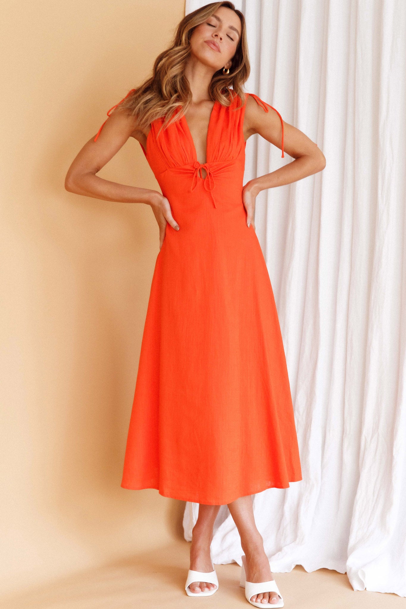 tangerine midi dress Cape Cod Drawstring Accent Midi Dress Tangerine– Selfie Leslie