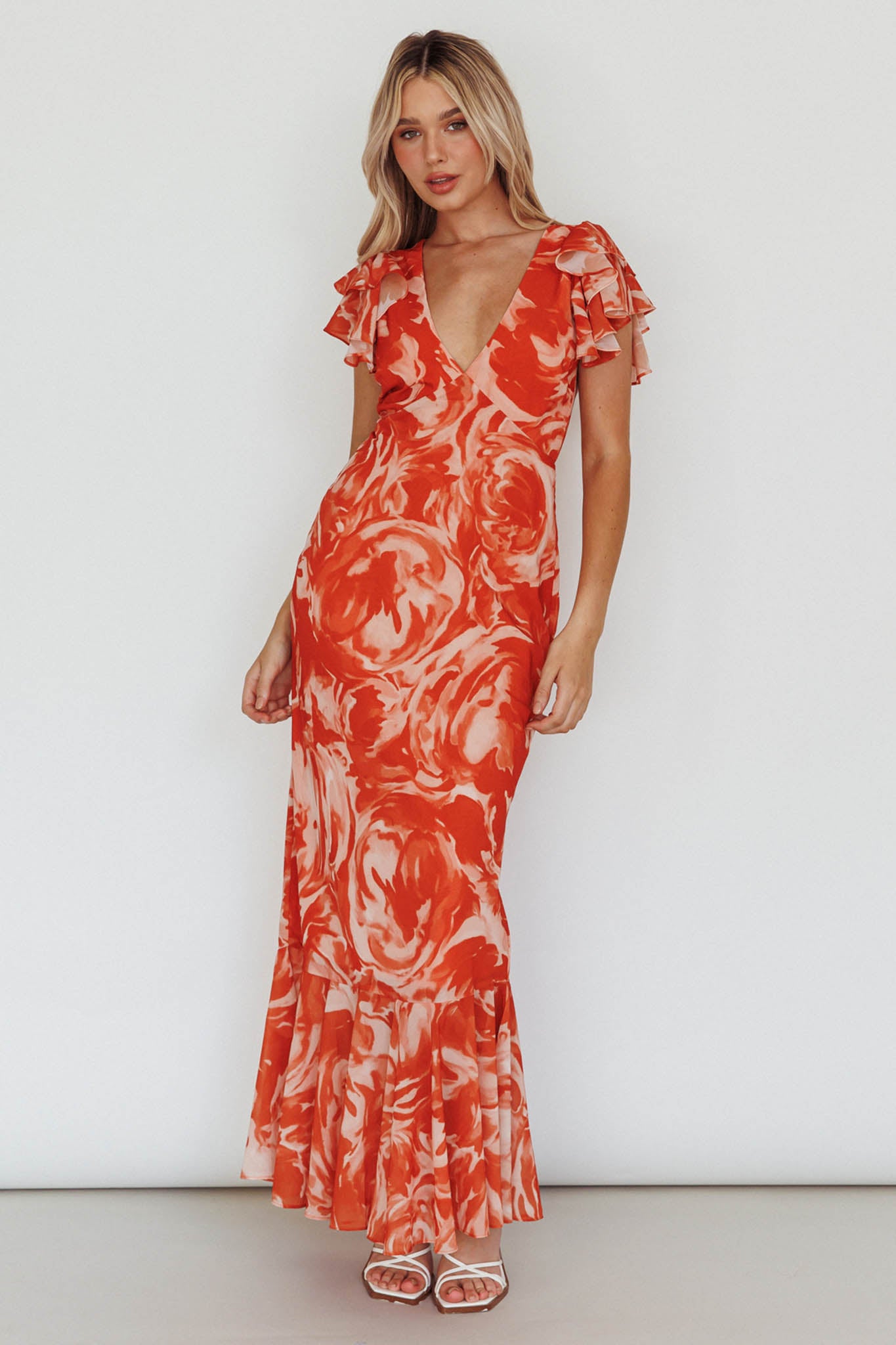 Lydiah Ruffle Sleeve Maxi Dress Floral Orange Lydiah Ruffle Sleeve Maxi Dress Floral Orange