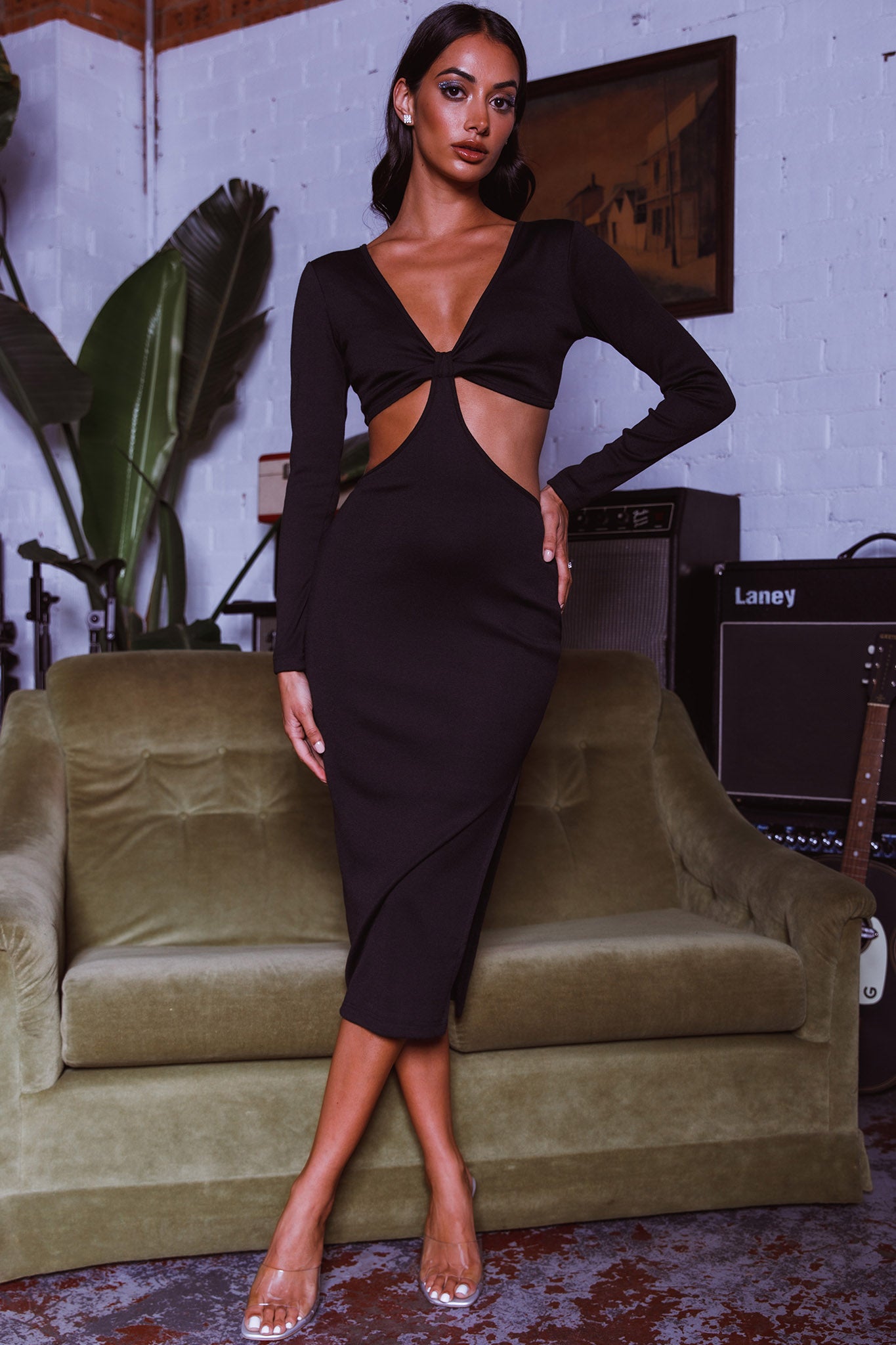 Acapulco Long Sleeve Cut-Out Waist Side Split Midi Dress Black Acapulco Long Sleeve Cut-Out Waist Side Split Midi Dress Black