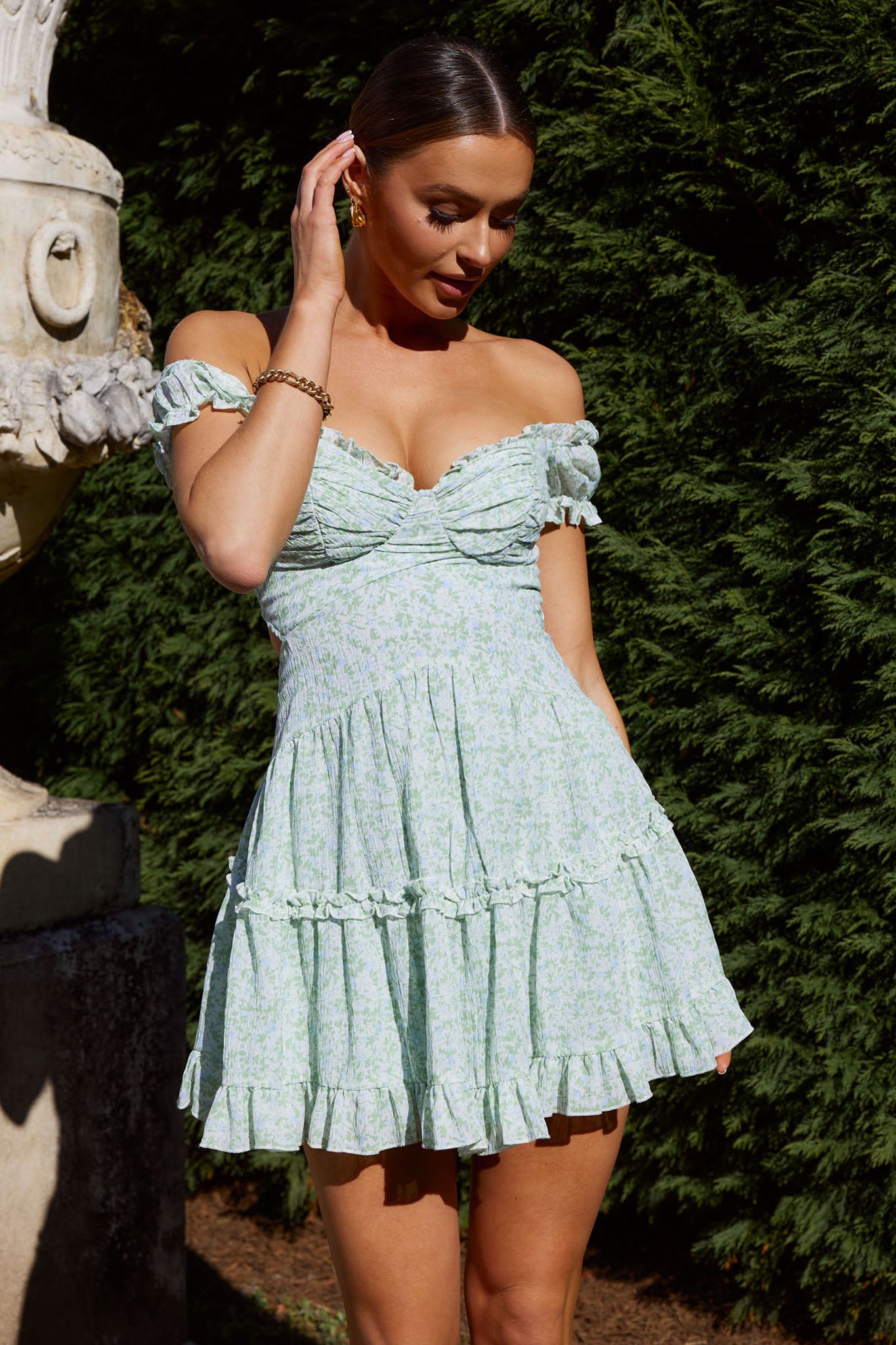 Run The World Off-Shoulder Mini Dress Floral Green– Selfie Leslie