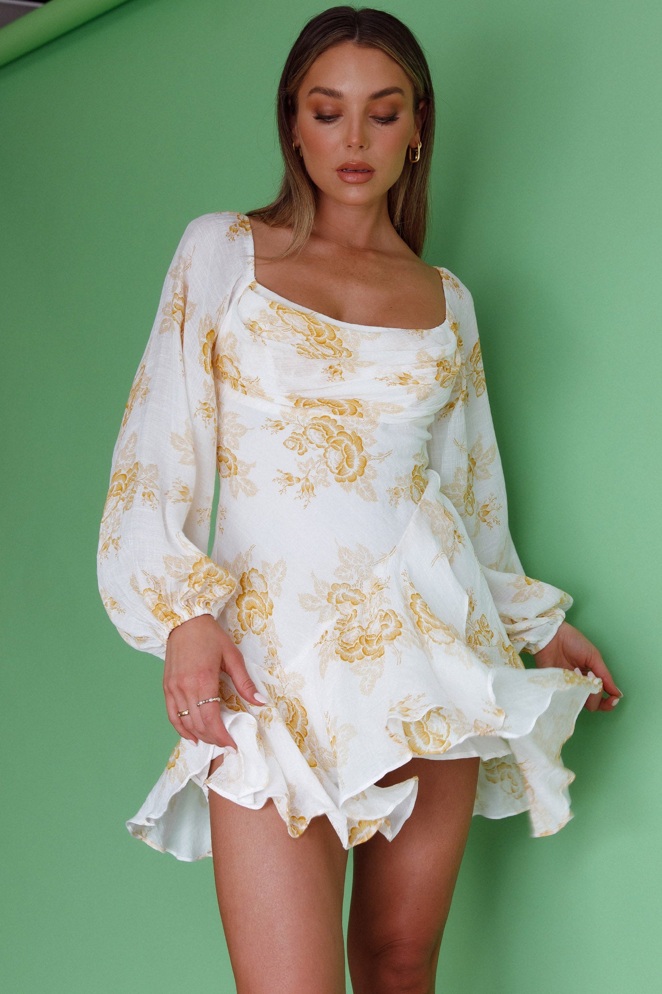 long sleeve ruffle mini dress Beaujolais Long Sleeve Cowl Neckline Ruffle Mini Dress Floral Yellow