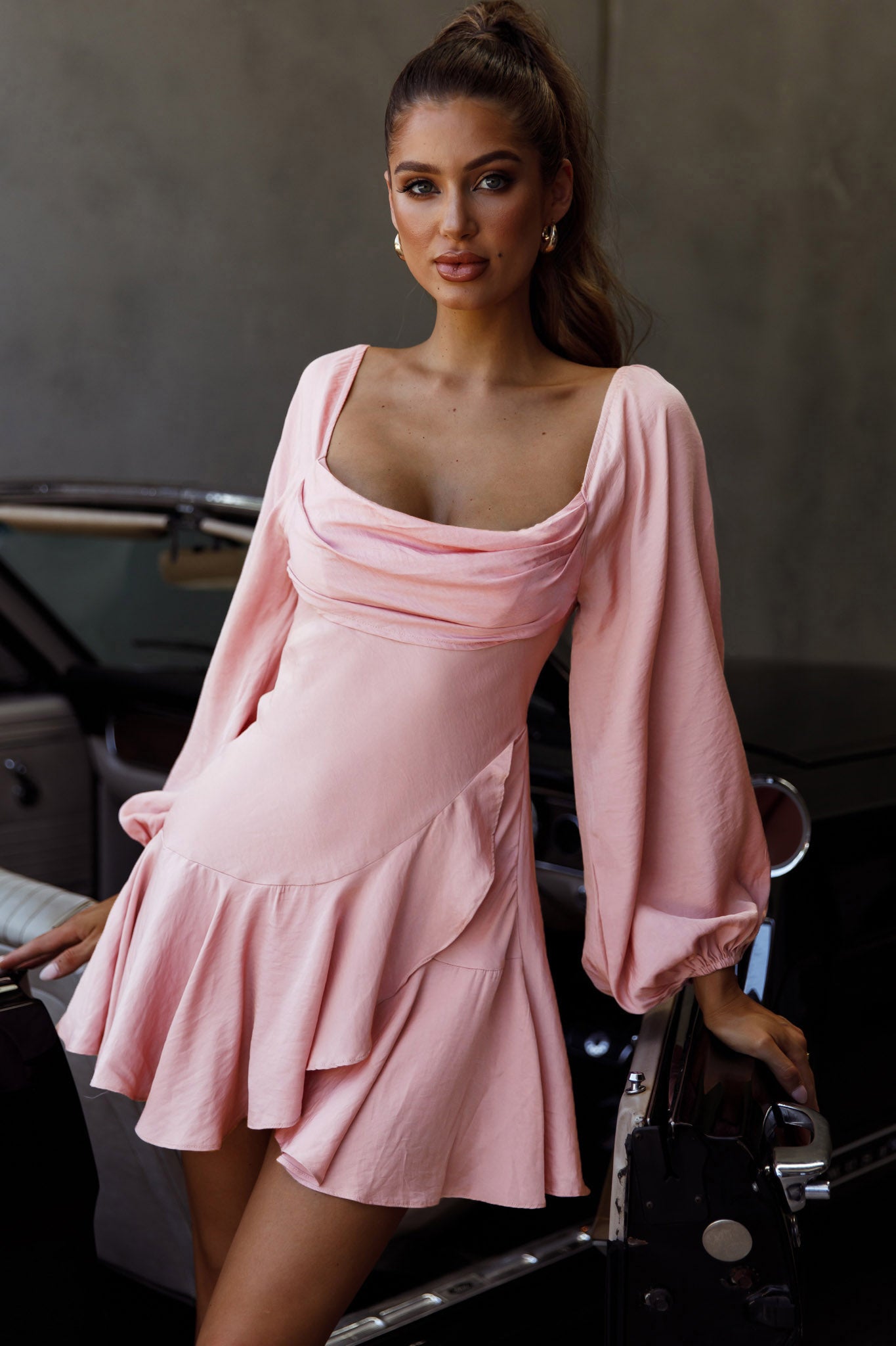 Beaujolais Long Sleeve Cowl Neckline Ruffle Satin Mini Dress Blush - S Beaujolais Long Sleeve Cowl Neckline Ruffle Satin Mini Dress Blush - S