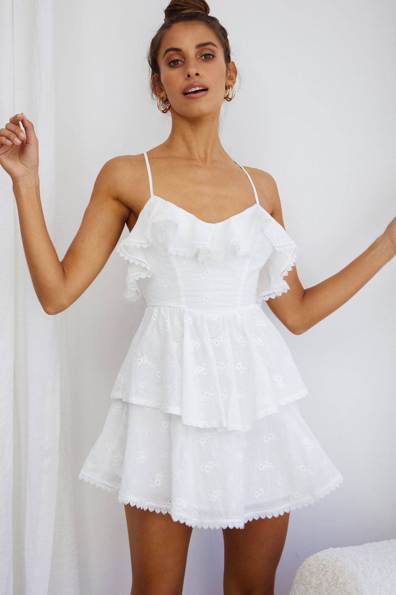 Tameka Ruffle Trim Layered Hem Eyelet Dress White Tameka Ruffle Trim Layered Hem Eyelet Dress White