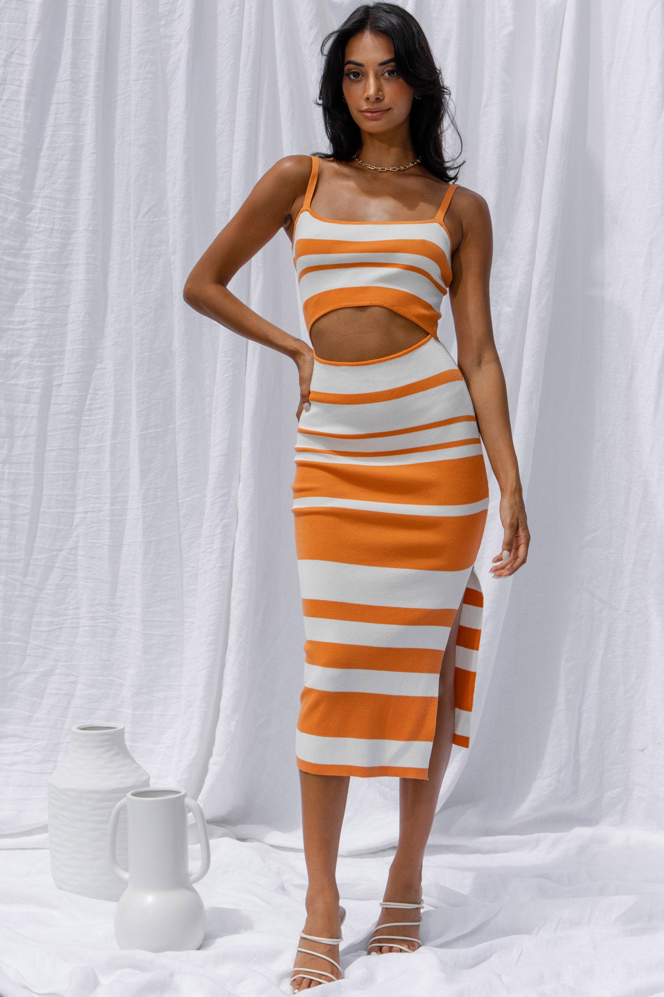Dayana Cut-Out Waist Side Split Knit Midi Dress Striped Orange– Selfie  Leslie